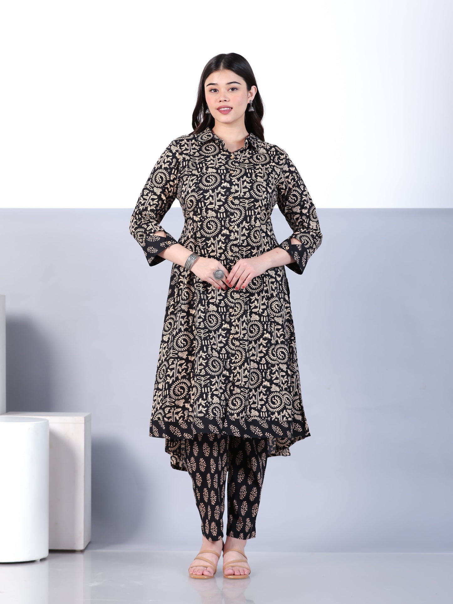 Soft Cotton Abstract High Low Black Kurta
