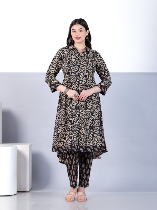 Soft Cotton Abstract High Low Black Kurta