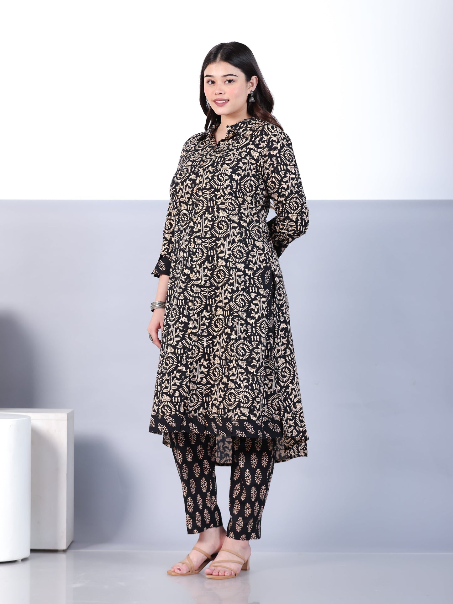 Soft Cotton Abstract High Low Black Kurta
