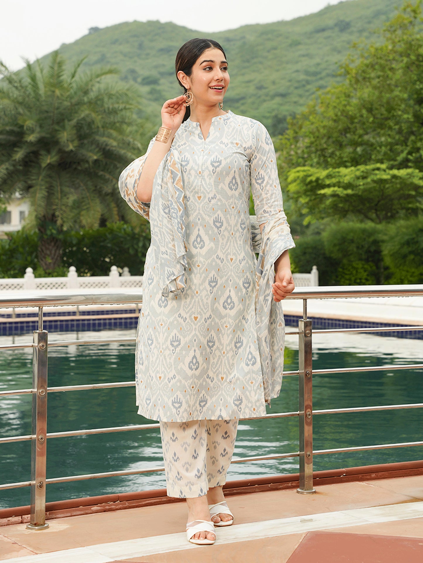 Soft Cotton Ikat Straight Blue Kurta
