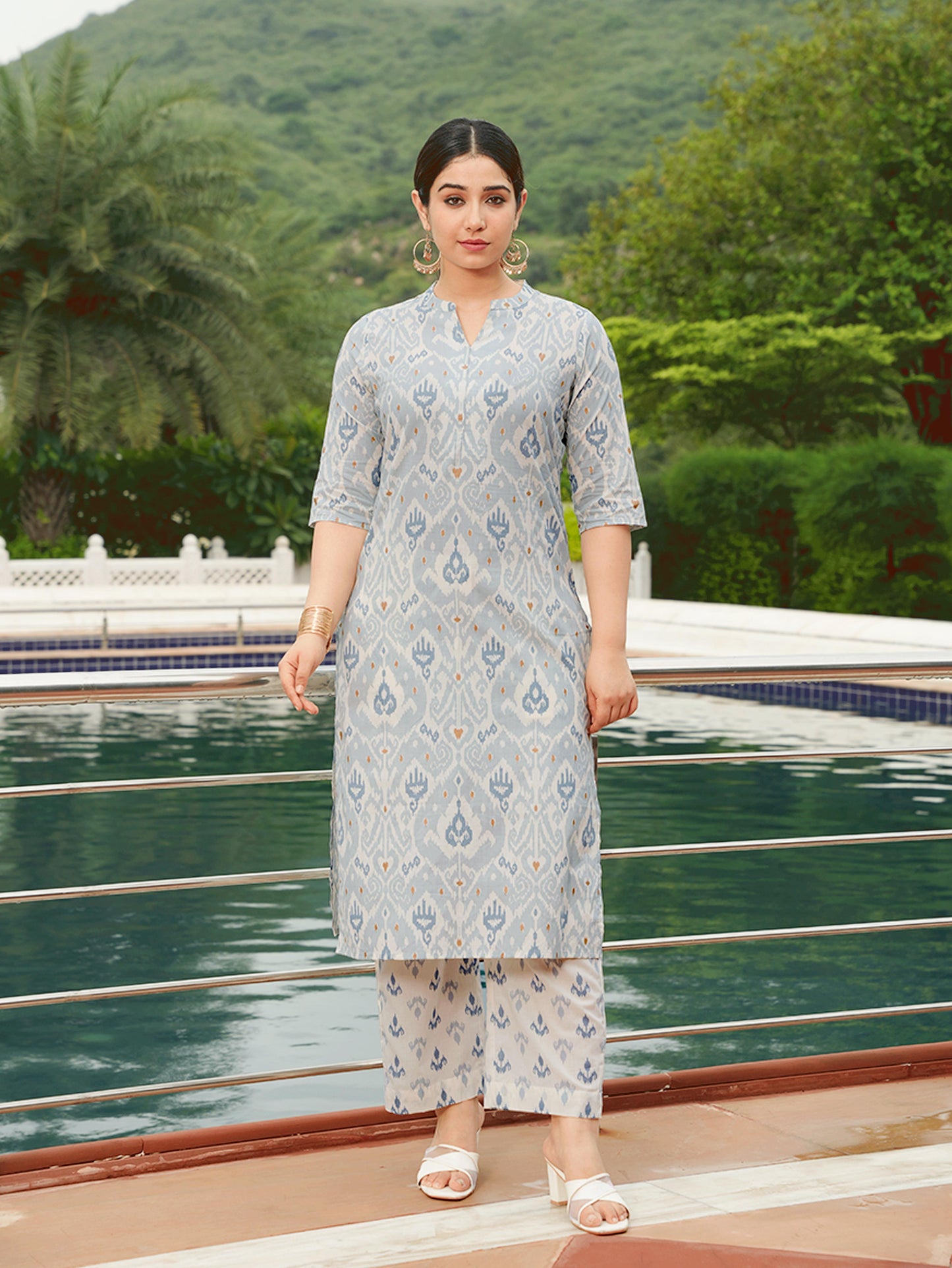 Soft Cotton Ikat Straight Blue Kurta