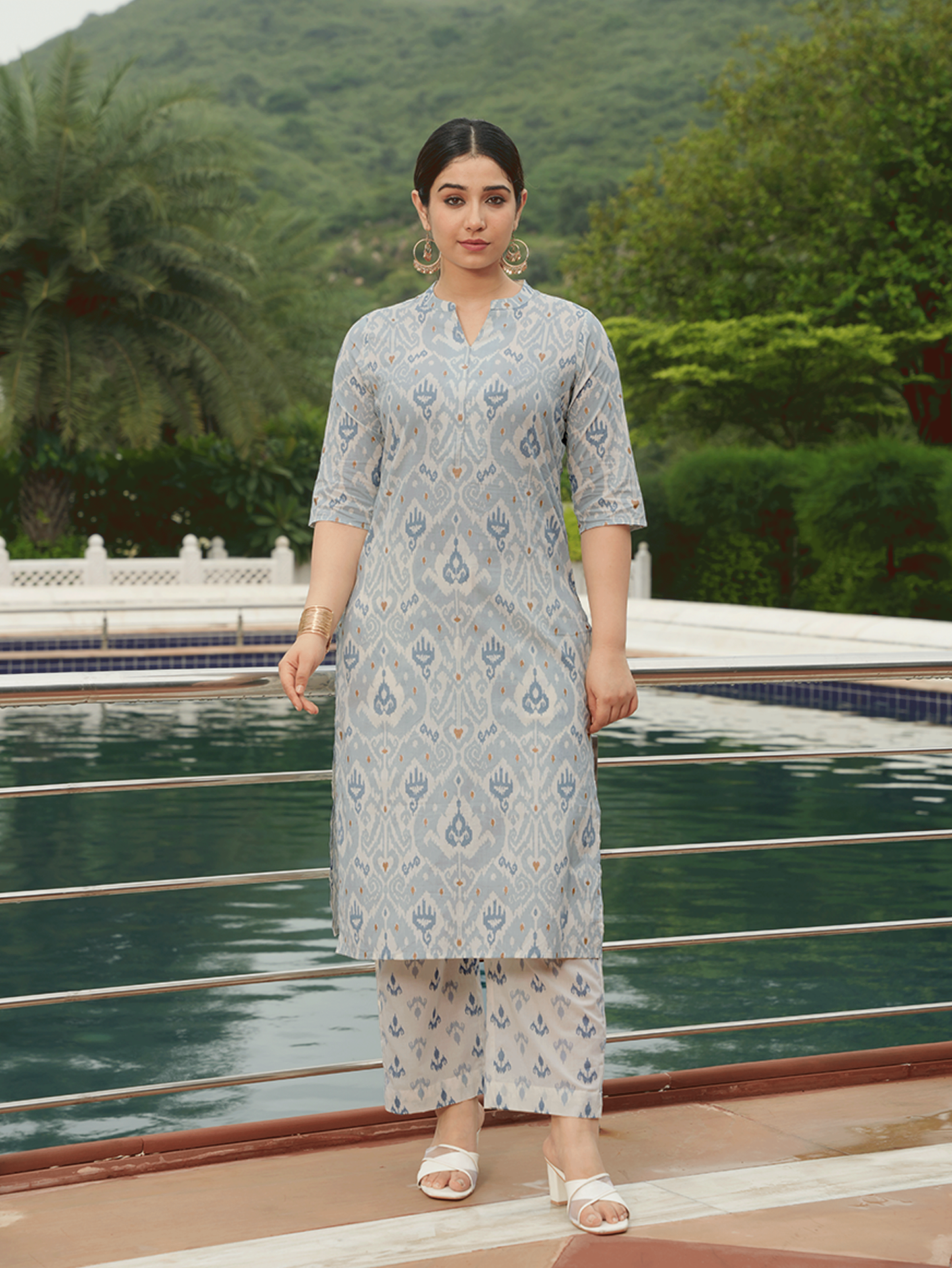 Soft Cotton Ikat Straight Blue Kurta