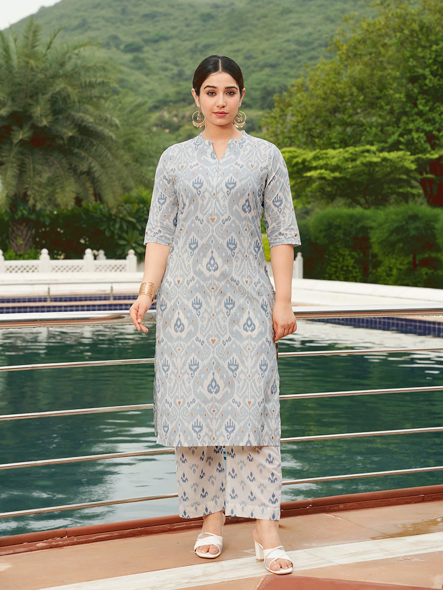 Soft Cotton Ikat Straight Blue Kurta