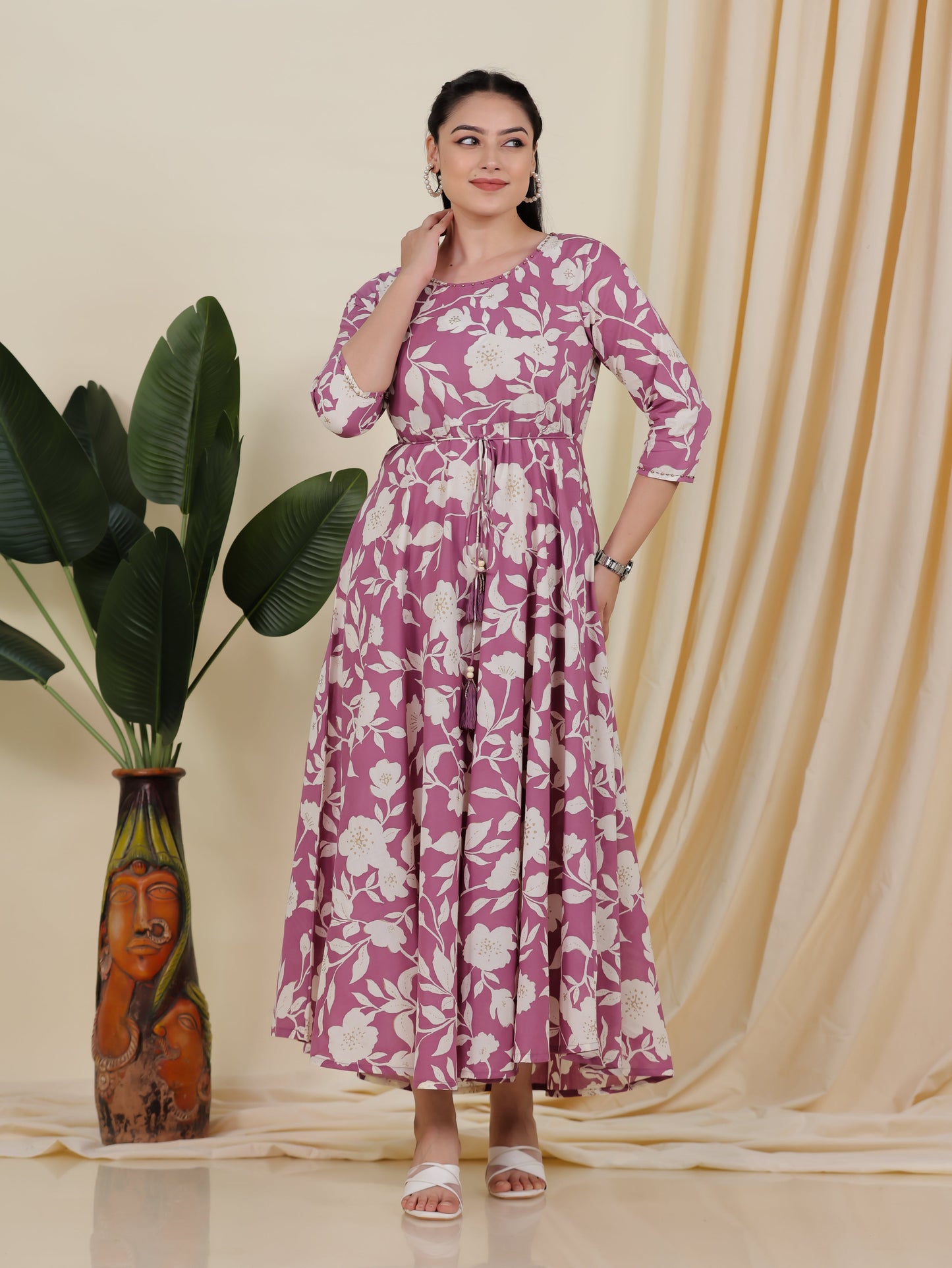 Soft Cotton Floral Anarkali Purple Dress