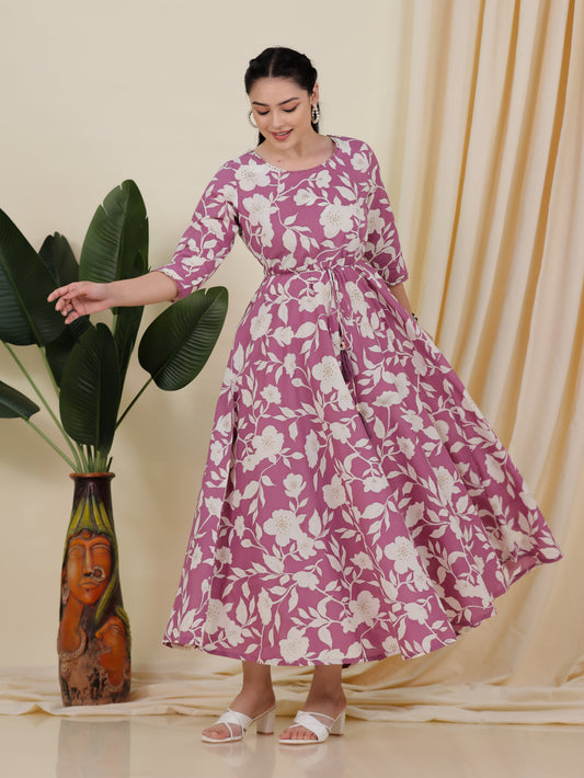 Soft Cotton Floral Anarkali Purple Dress
