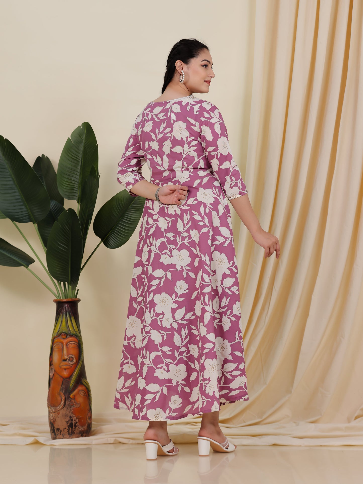 Soft Cotton Floral Anarkali Purple Dress