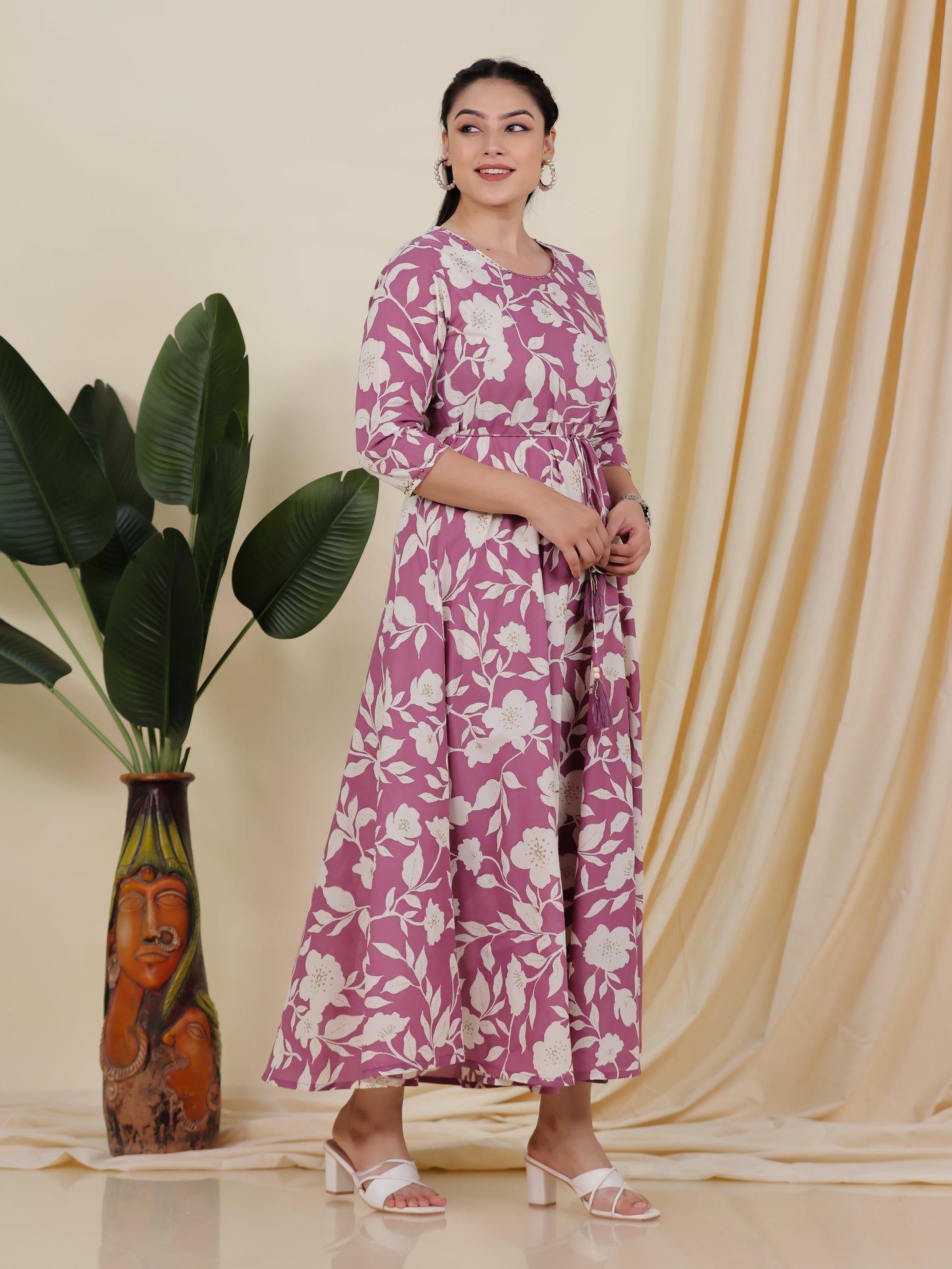 Soft Cotton Floral Anarkali Purple Dress