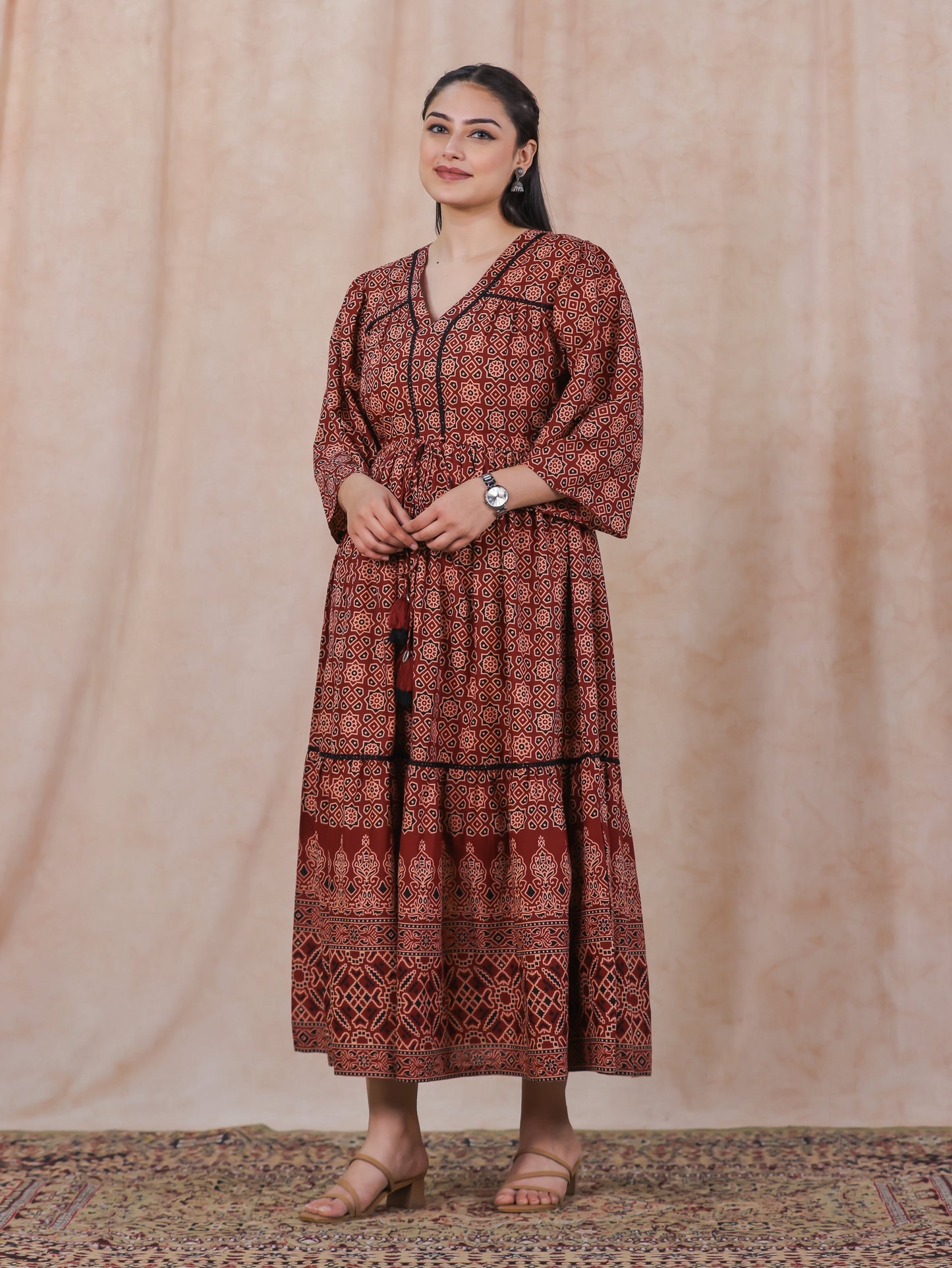 Soft Cotton Geometric Gathered Rust Dress