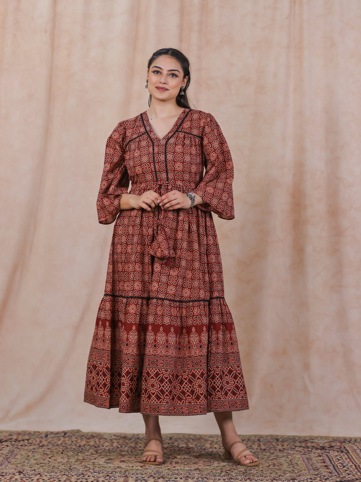 Soft Cotton Geometric Gathered Rust Dress
