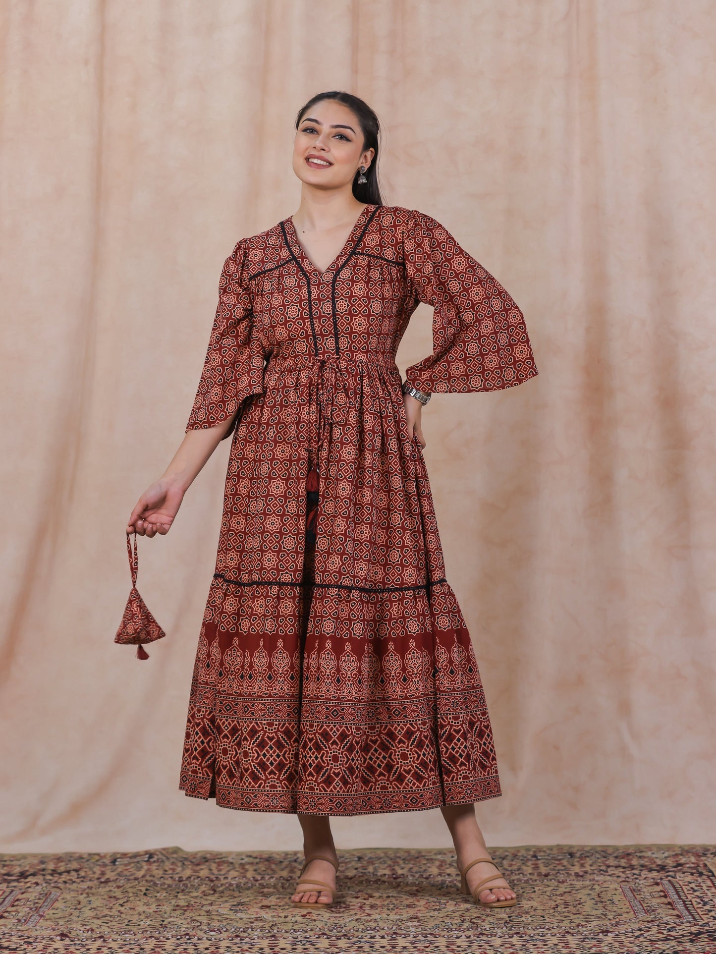 Soft Cotton Geometric Gathered Rust Dress