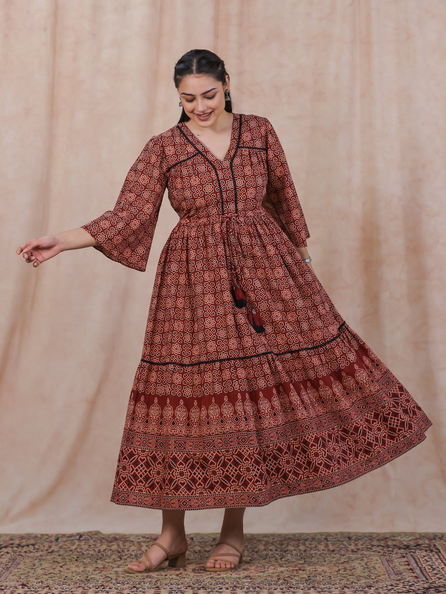 Soft Cotton Geometric Gathered Rust Dress