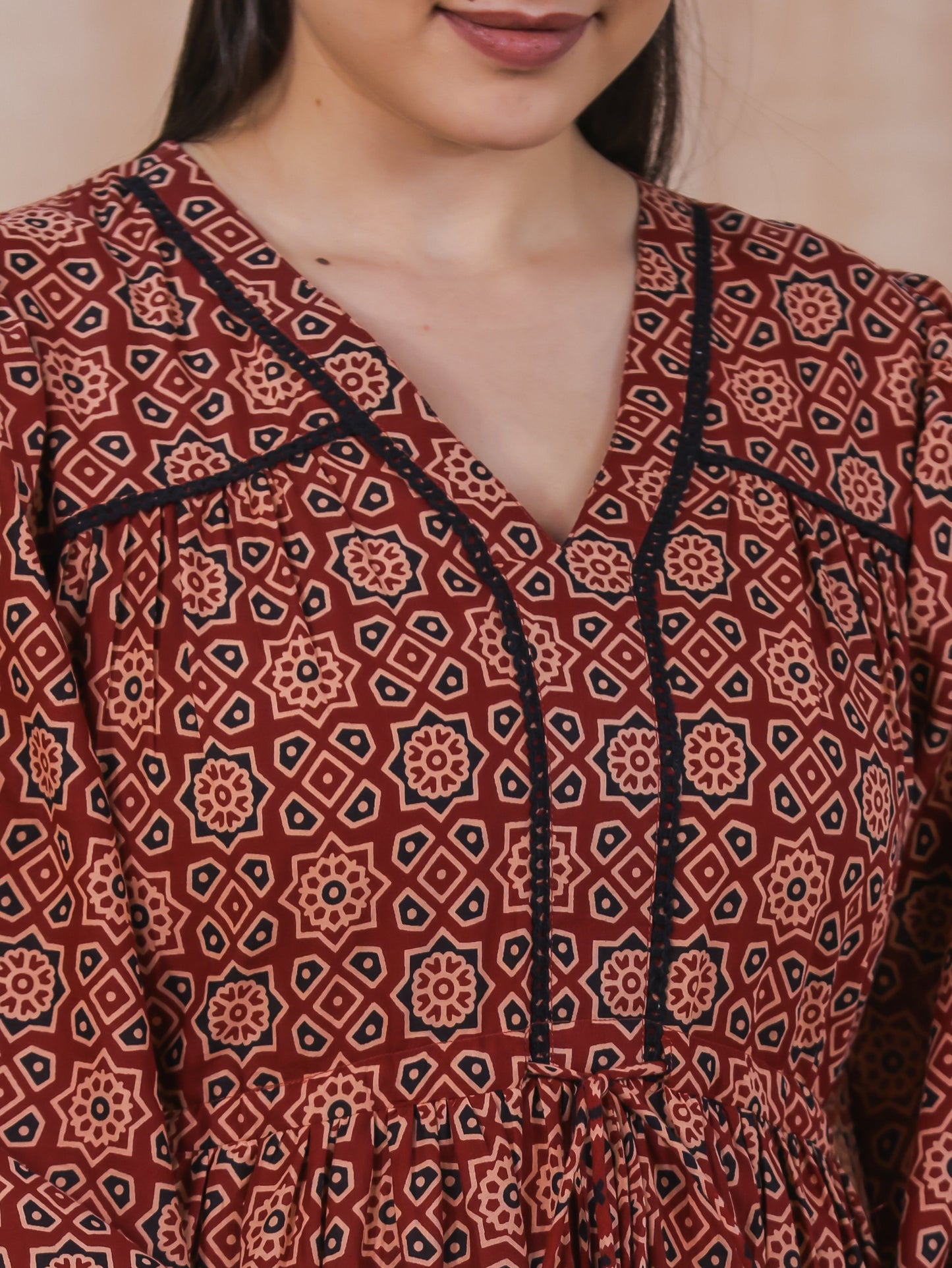 Soft Cotton Geometric Gathered Rust Dress