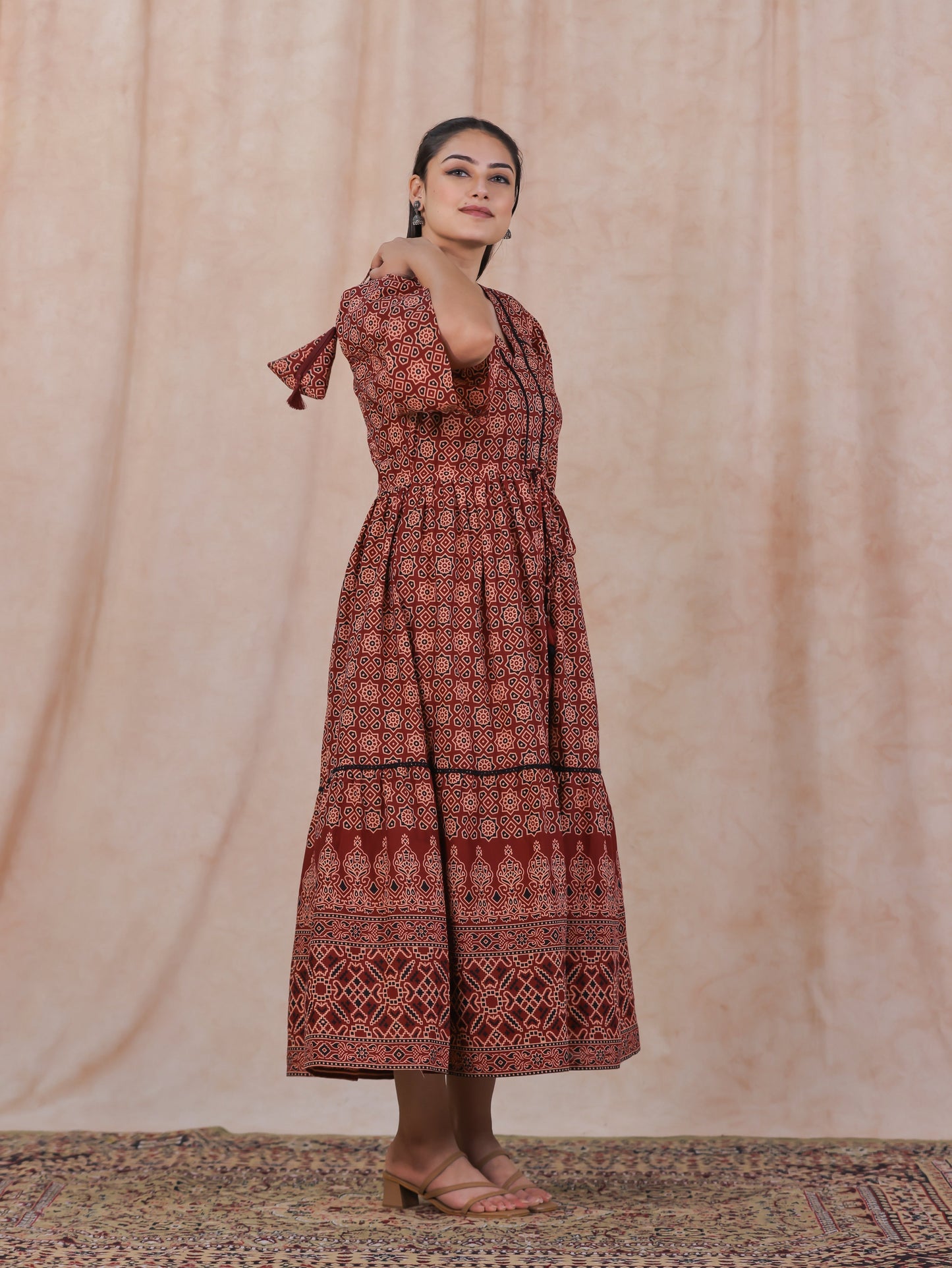 Soft Cotton Geometric Gathered Rust Dress