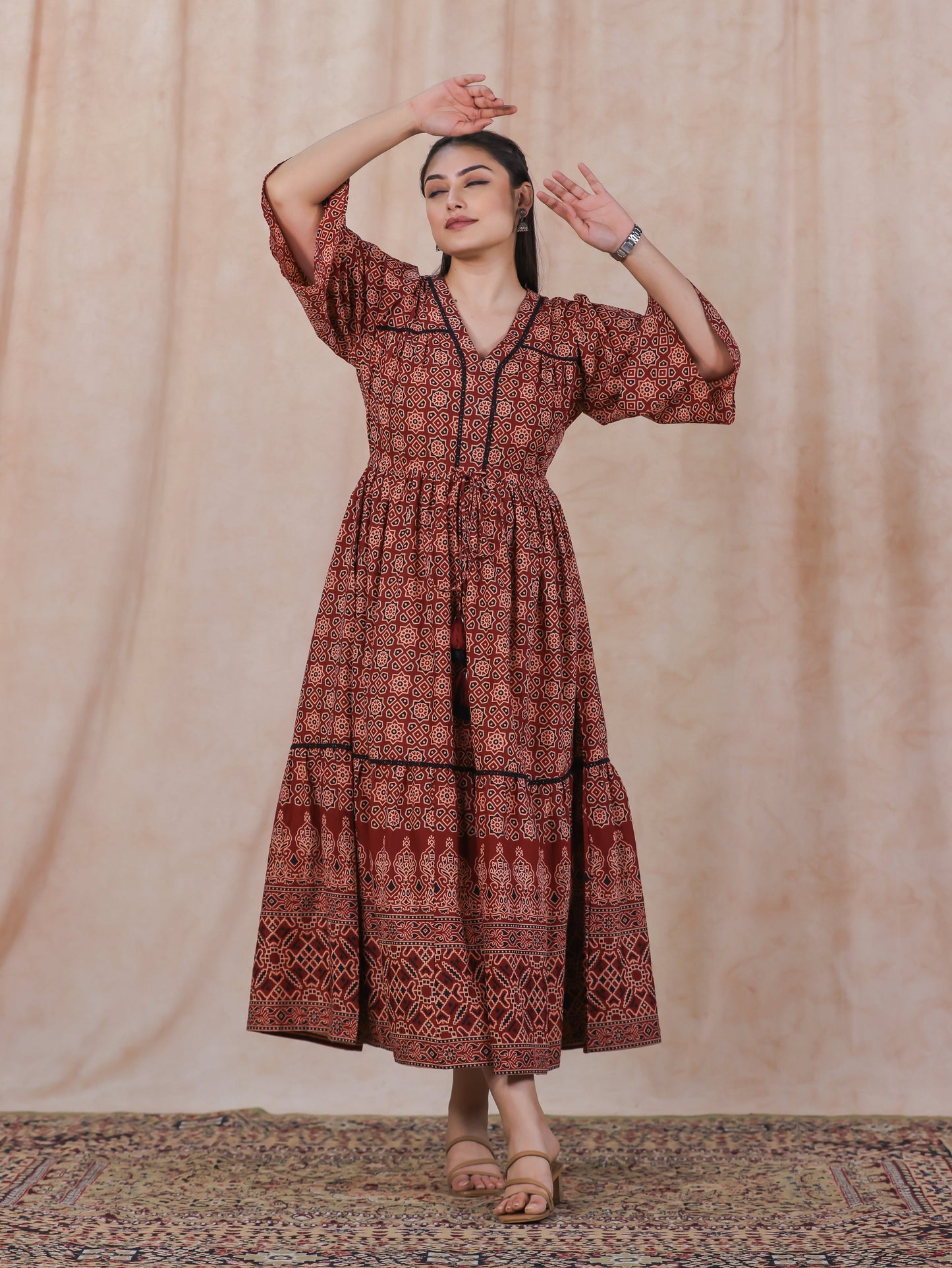 Soft Cotton Geometric Gathered Rust Dress