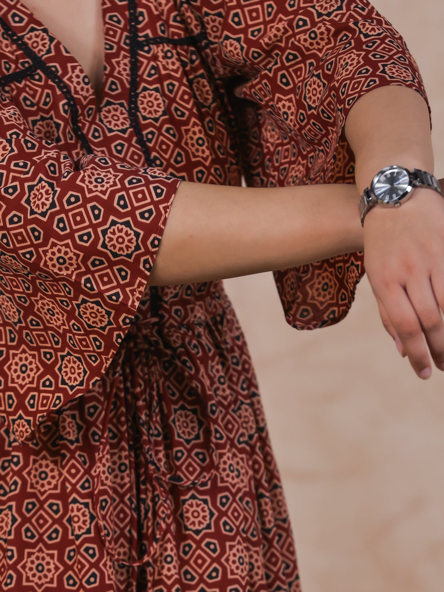 Soft Cotton Geometric Gathered Rust Dress