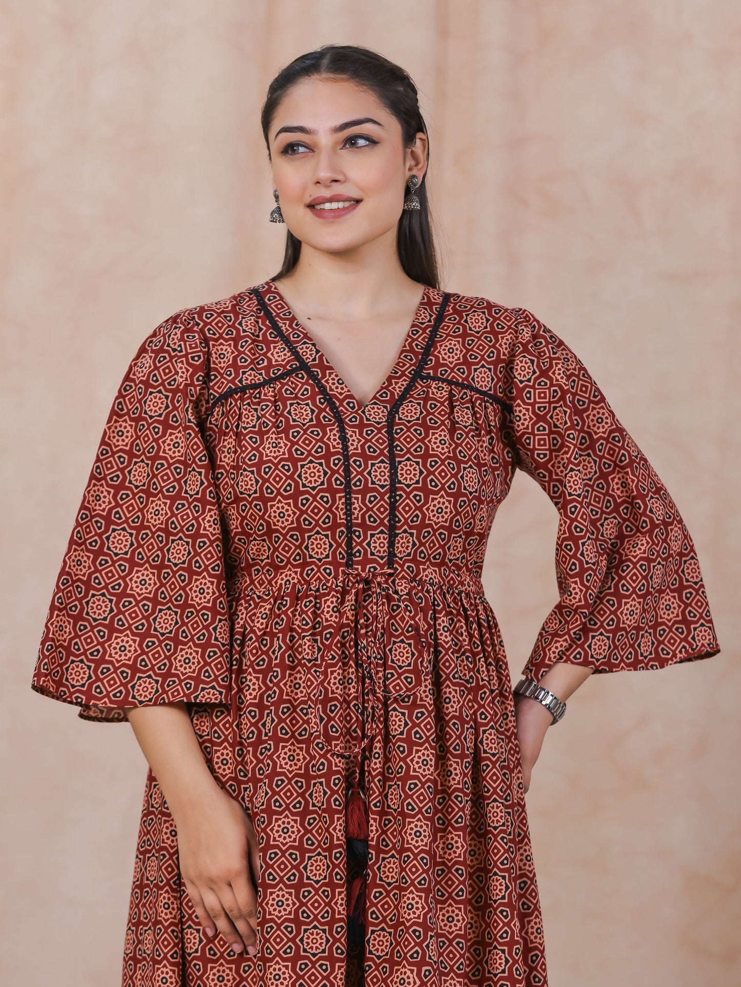 Soft Cotton Geometric Gathered Rust Dress
