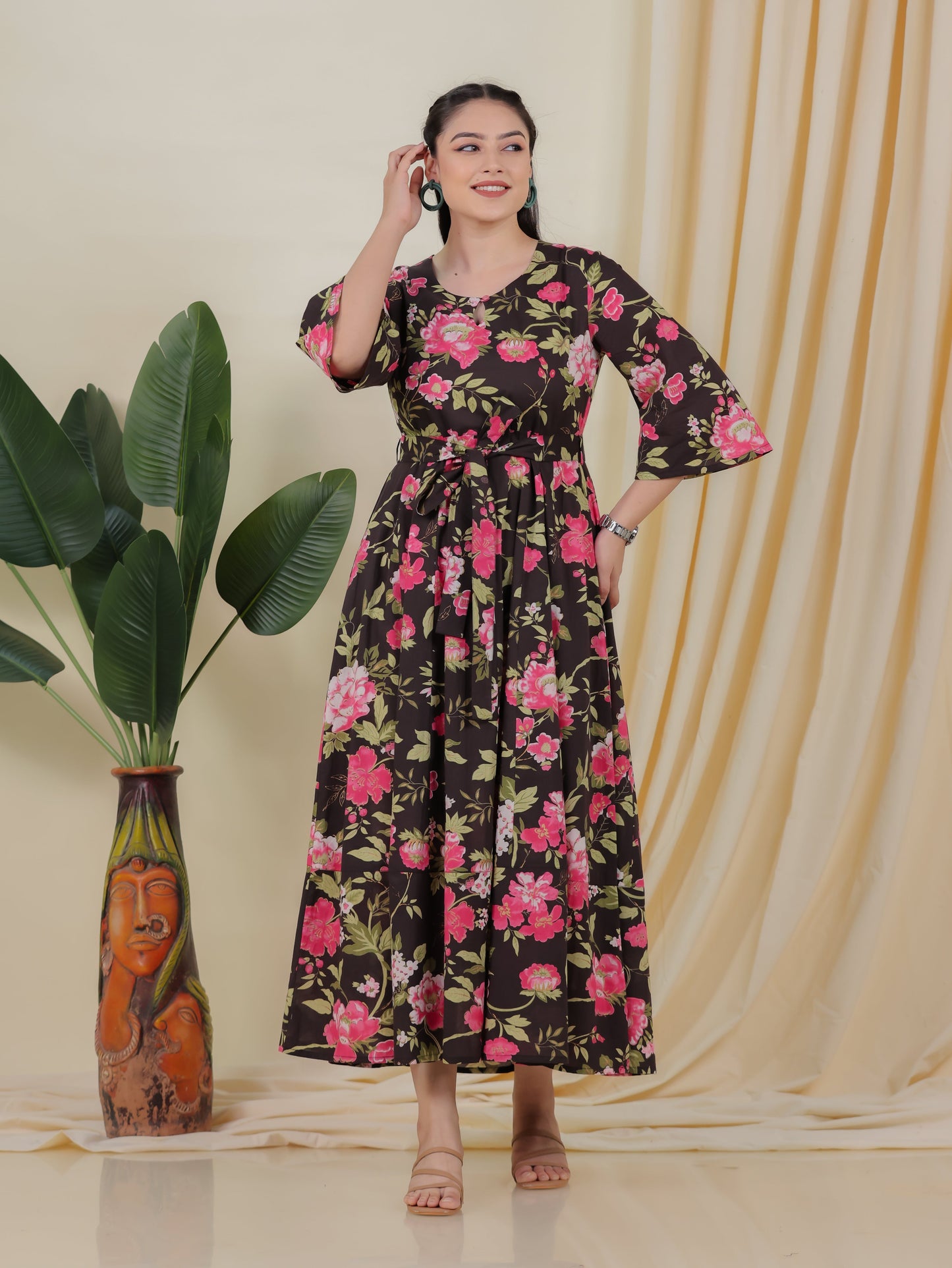 Soft Cotton Floral Anarkali Black Dress