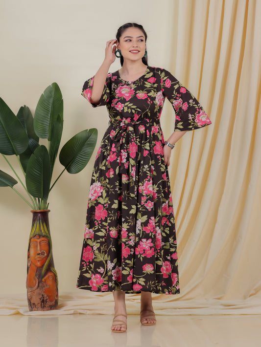 Soft Cotton Floral Anarkali Black Dress