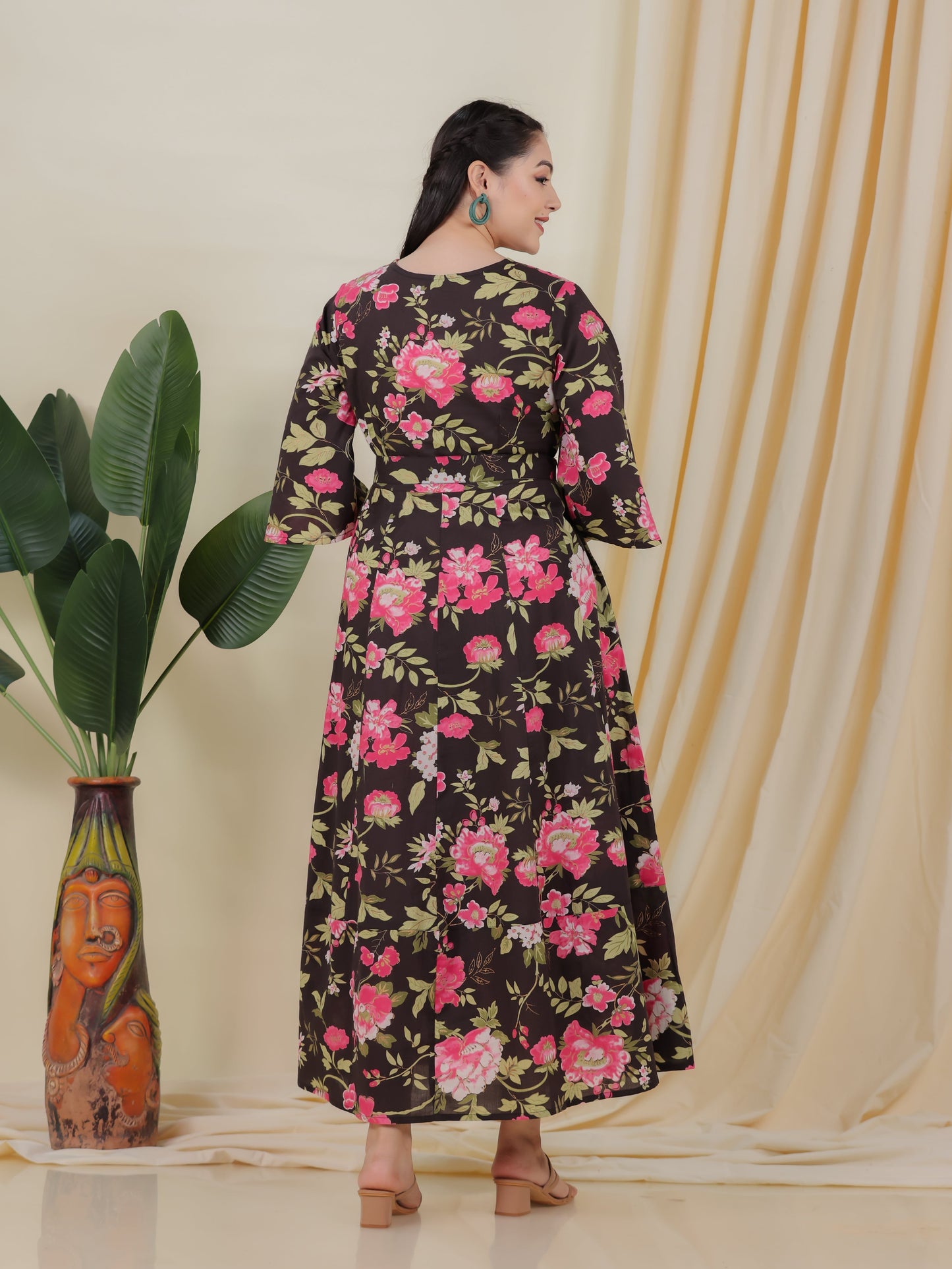 Soft Cotton Floral Anarkali Black Dress