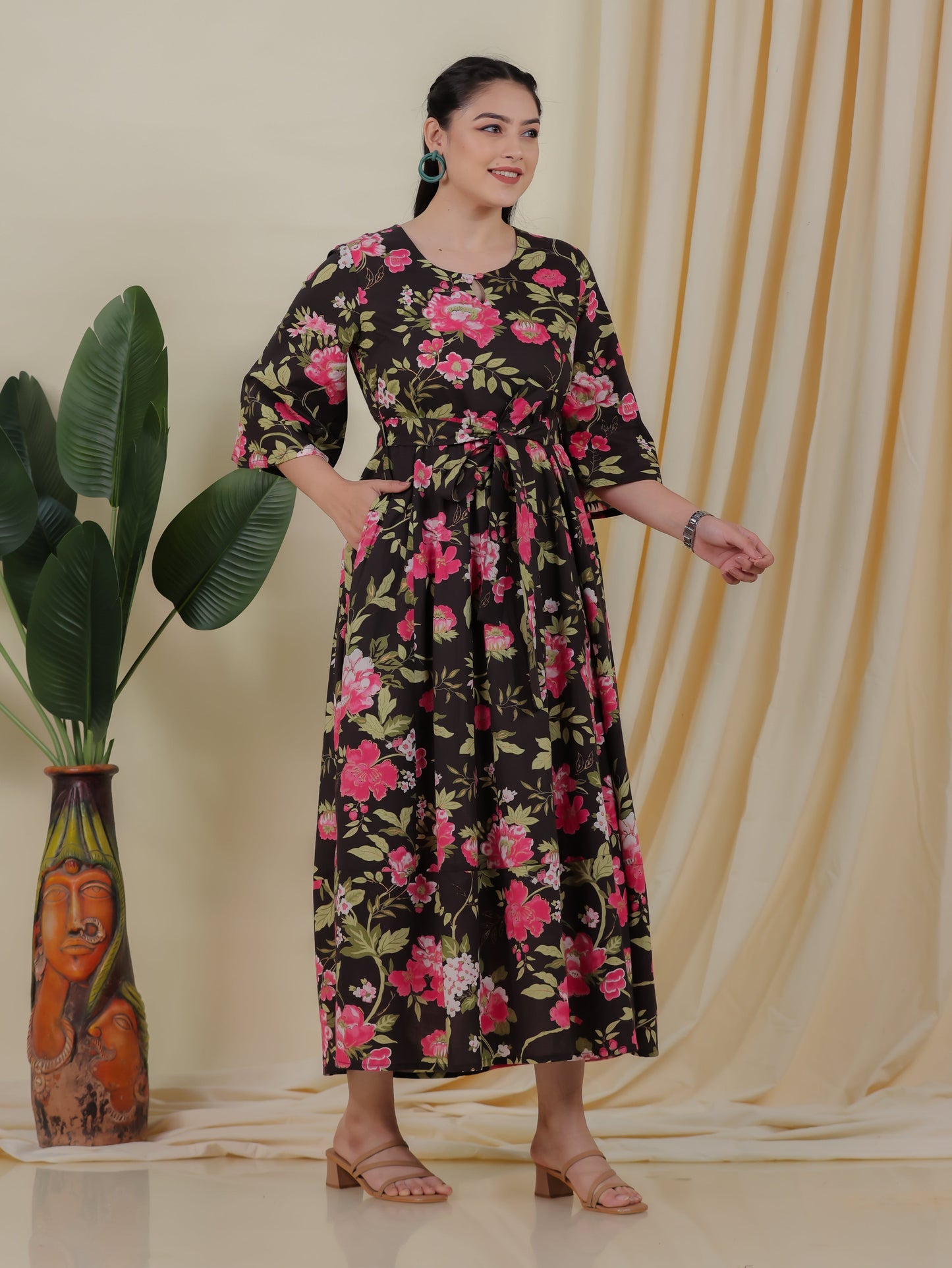 Soft Cotton Floral Anarkali Black Dress