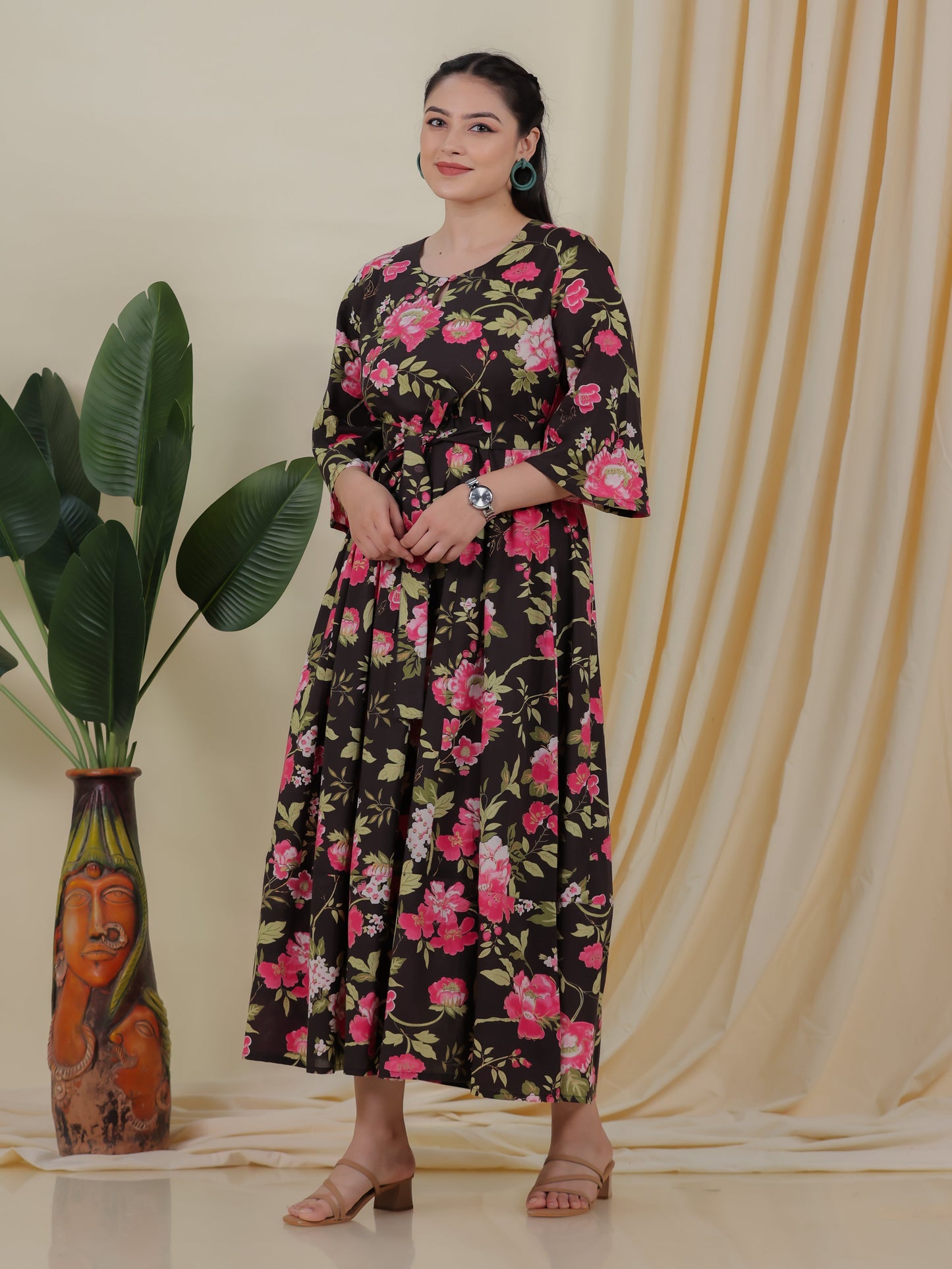 Soft Cotton Floral Anarkali Black Dress