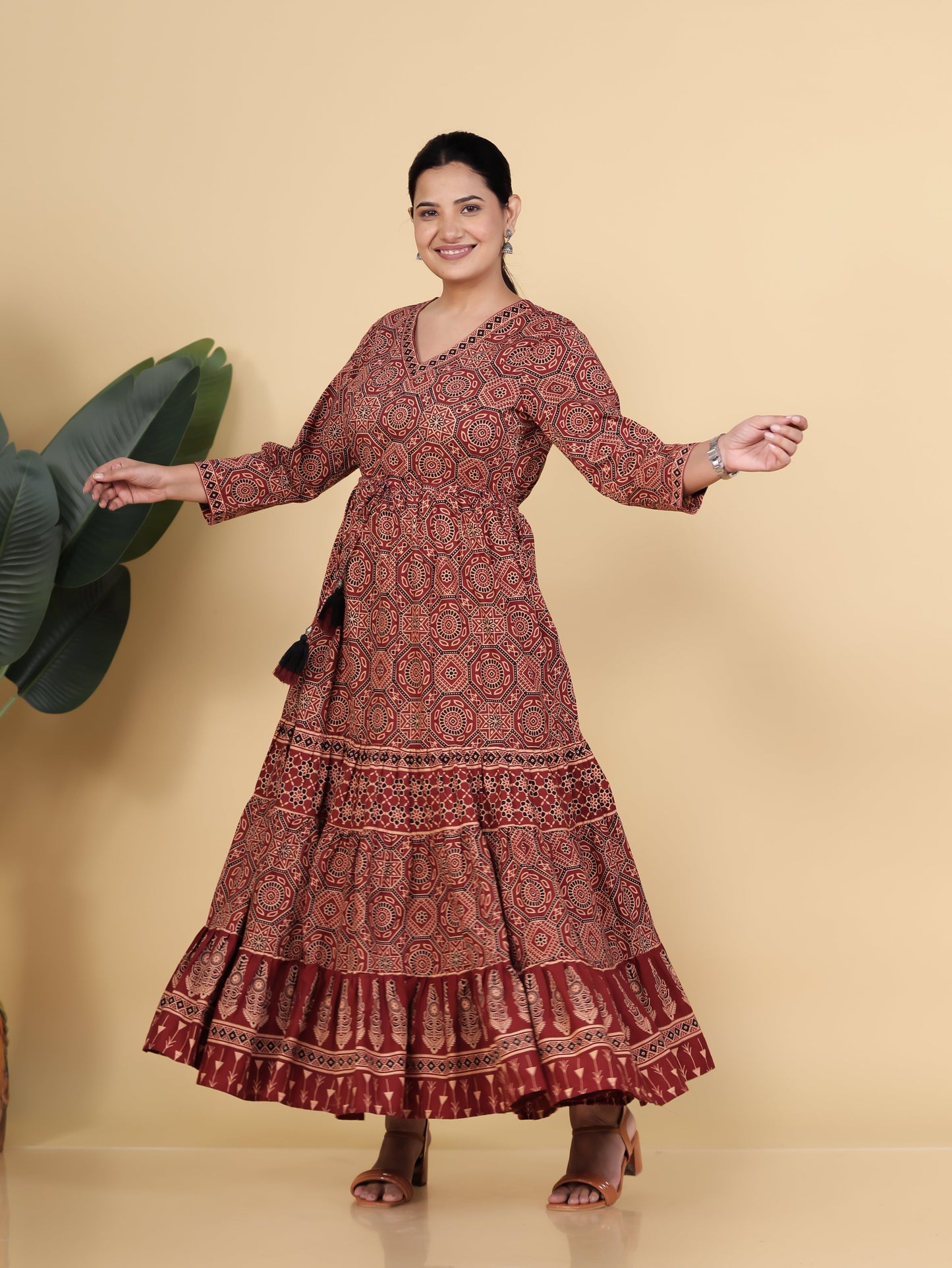 Soft Cotton Ajrakh Anarkali Rust Dress