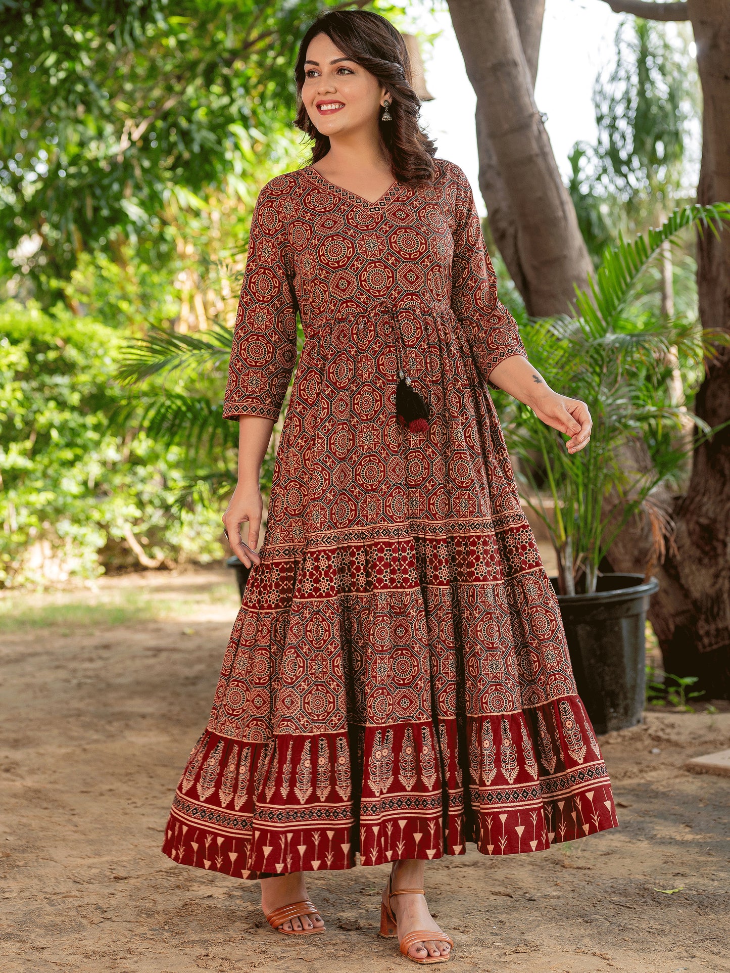 Soft Cotton Ajrakh Anarkali Rust Dress