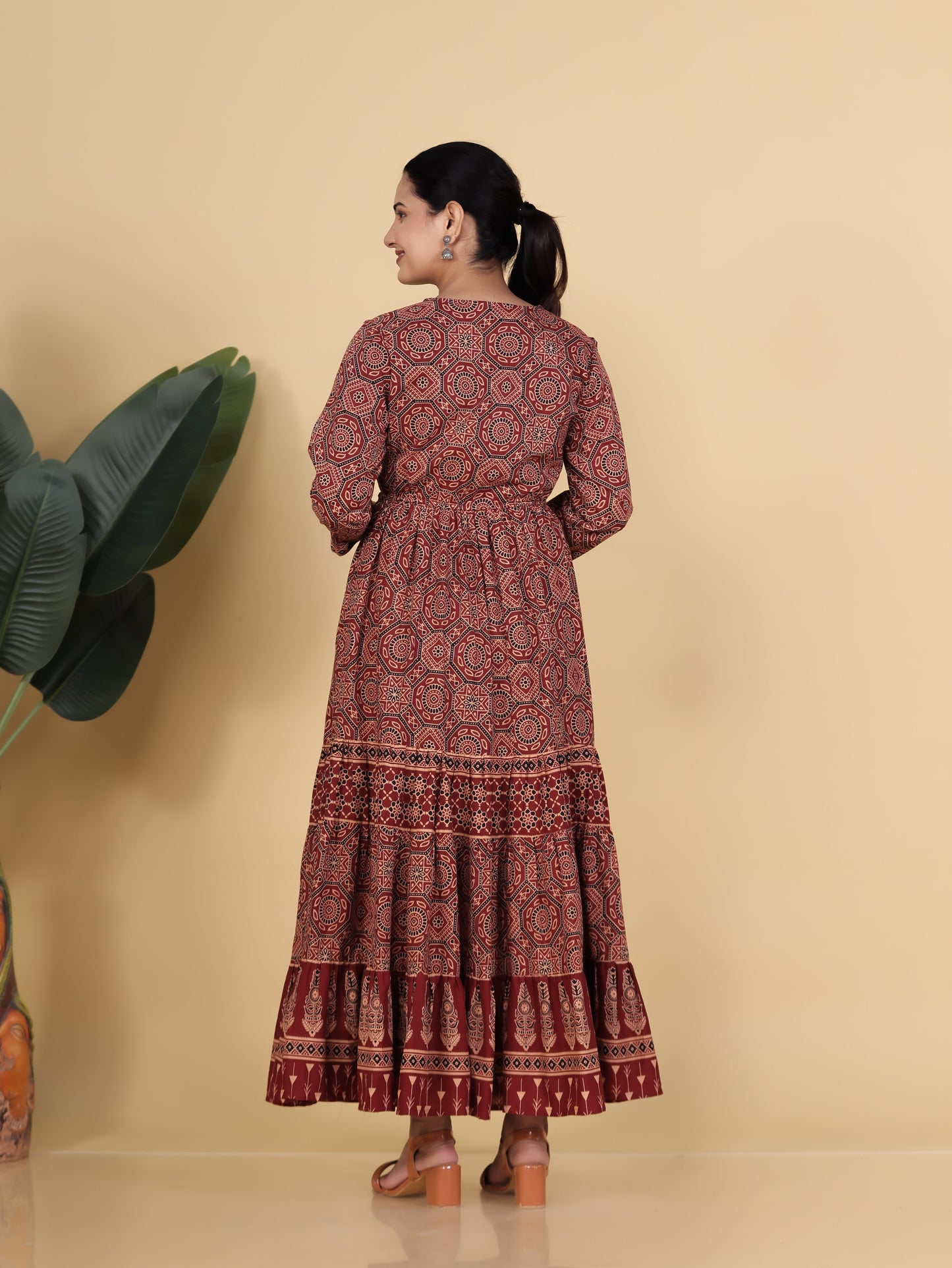 Soft Cotton Ajrakh Anarkali Rust Dress
