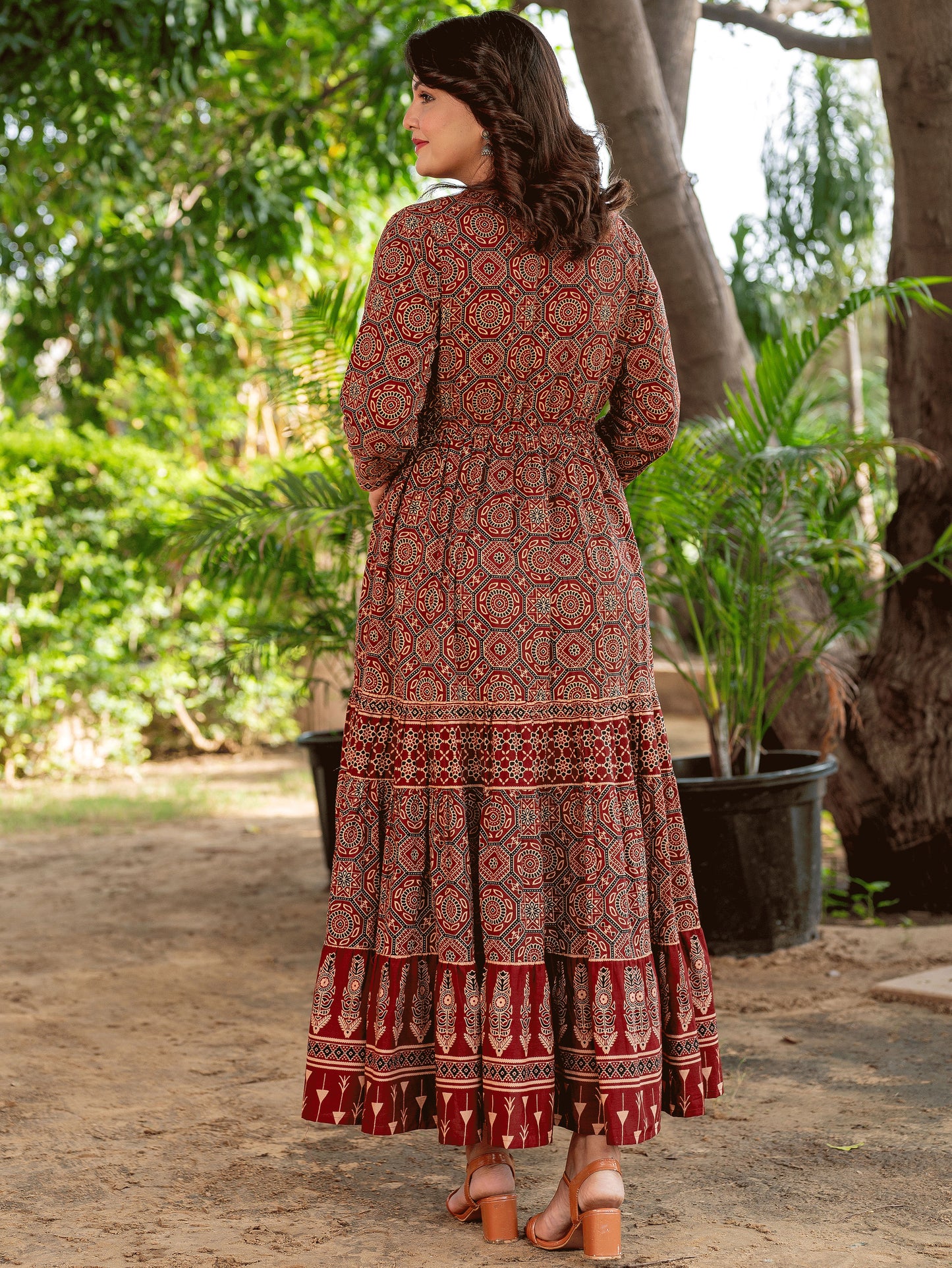 Soft Cotton Ajrakh Anarkali Rust Dress