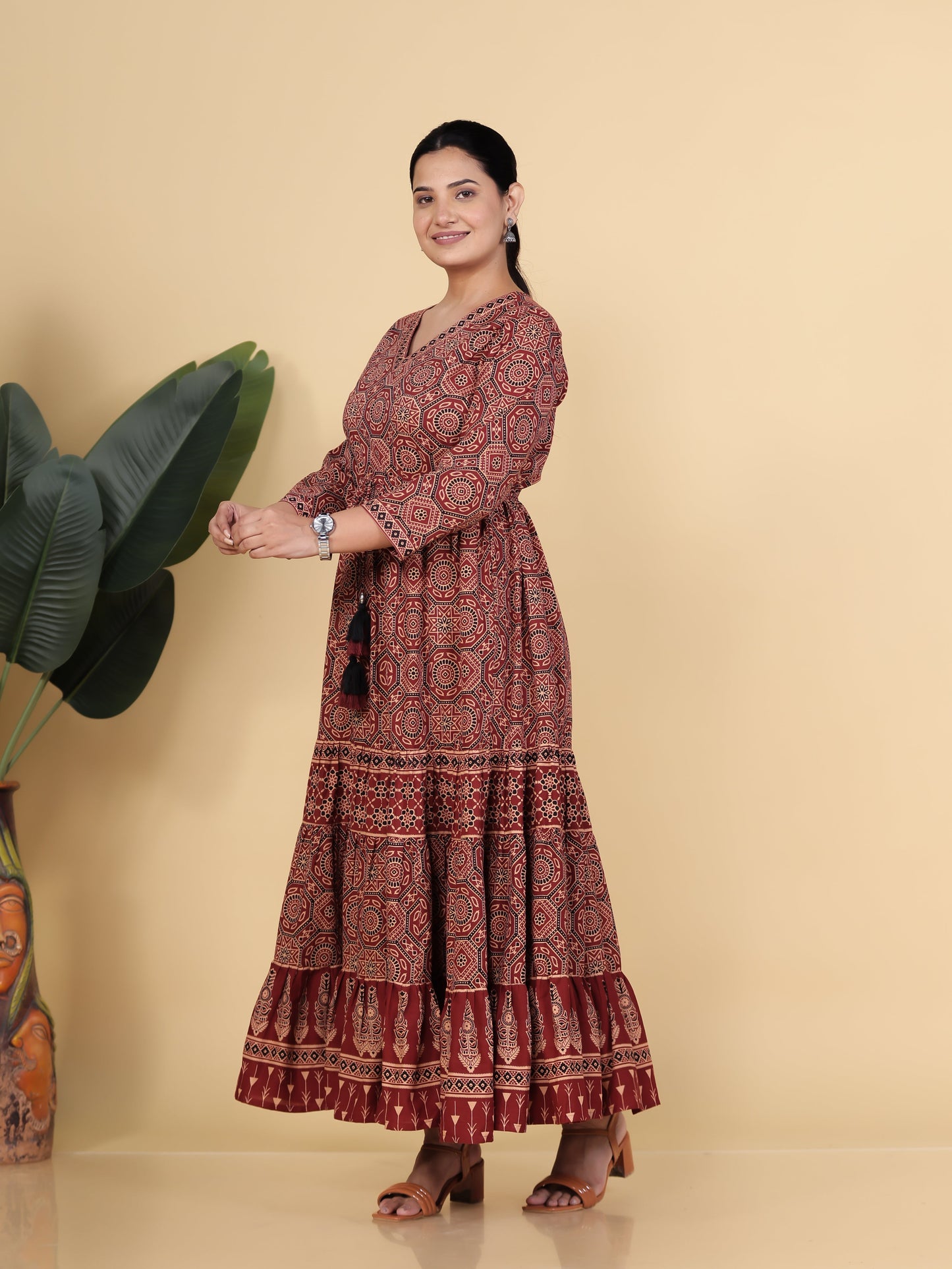 Soft Cotton Ajrakh Anarkali Rust Dress