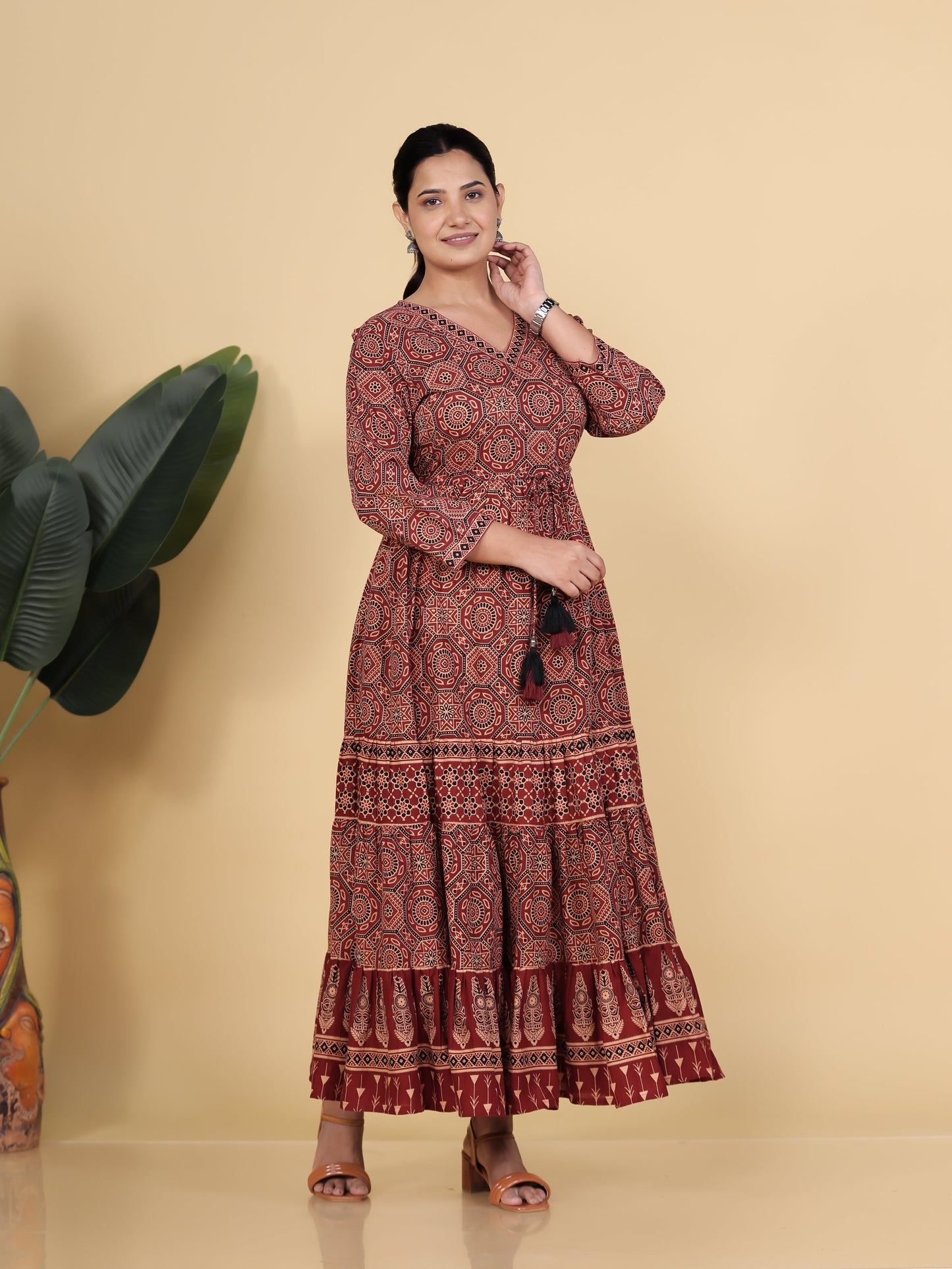 Soft Cotton Ajrakh Anarkali Rust Dress