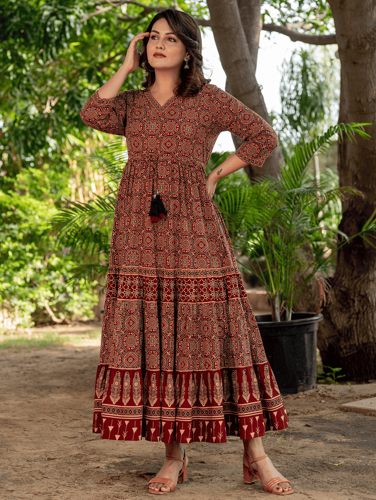 Soft Cotton Ajrakh Anarkali Rust Dress