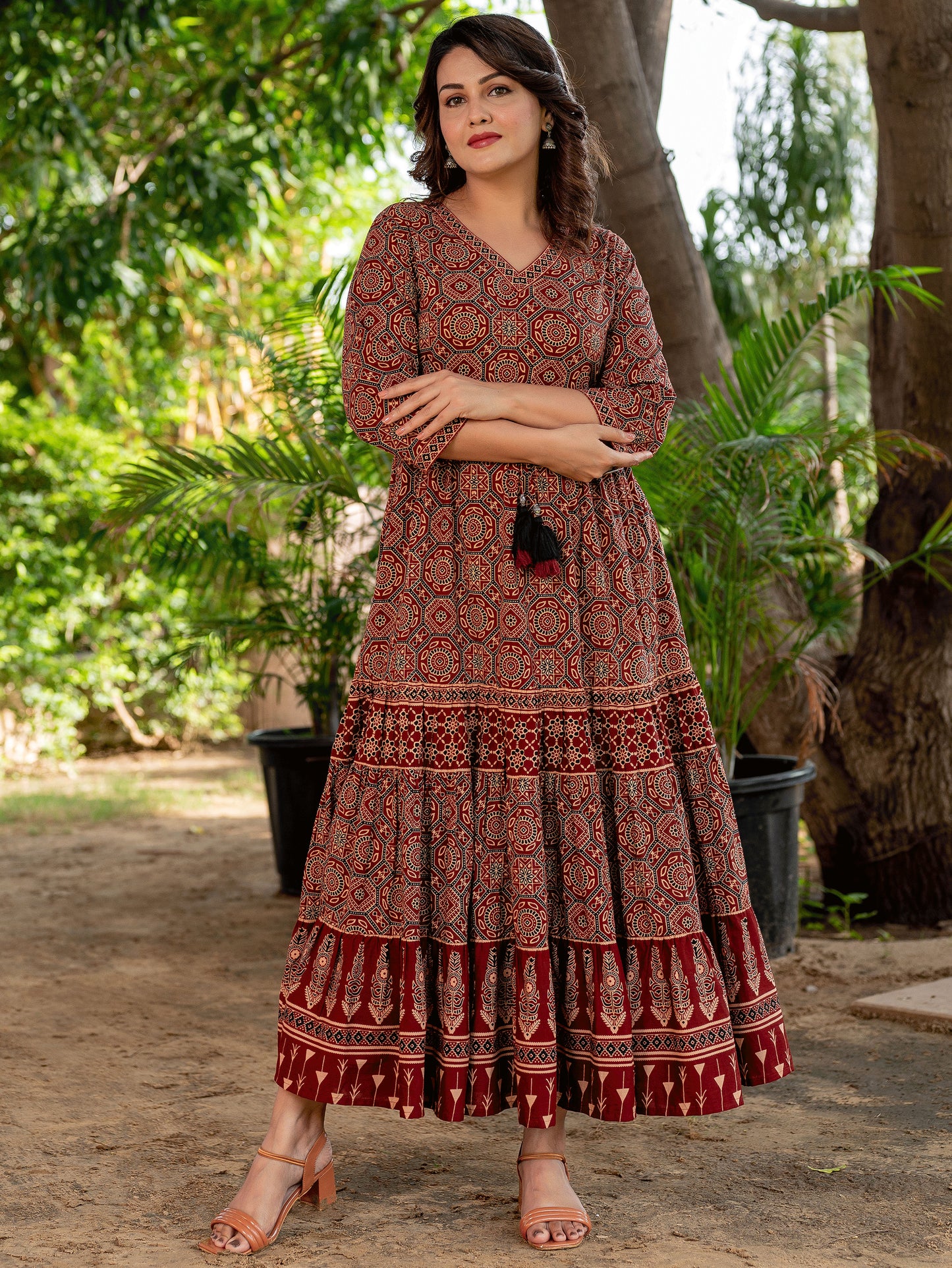Soft Cotton Ajrakh Anarkali Rust Dress