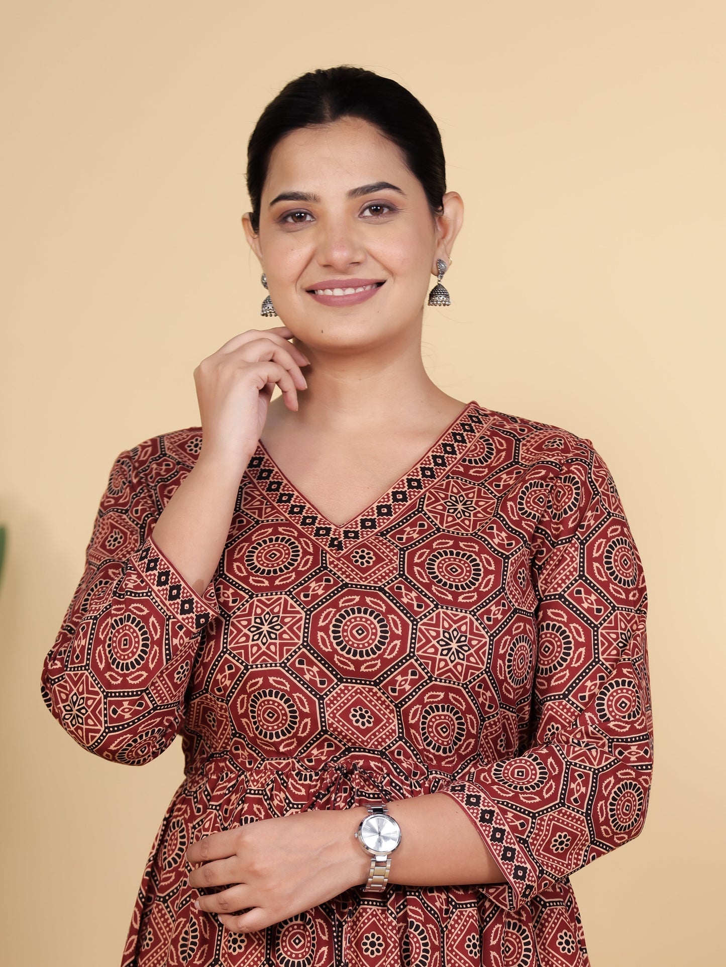 Soft Cotton Ajrakh Anarkali Rust Dress