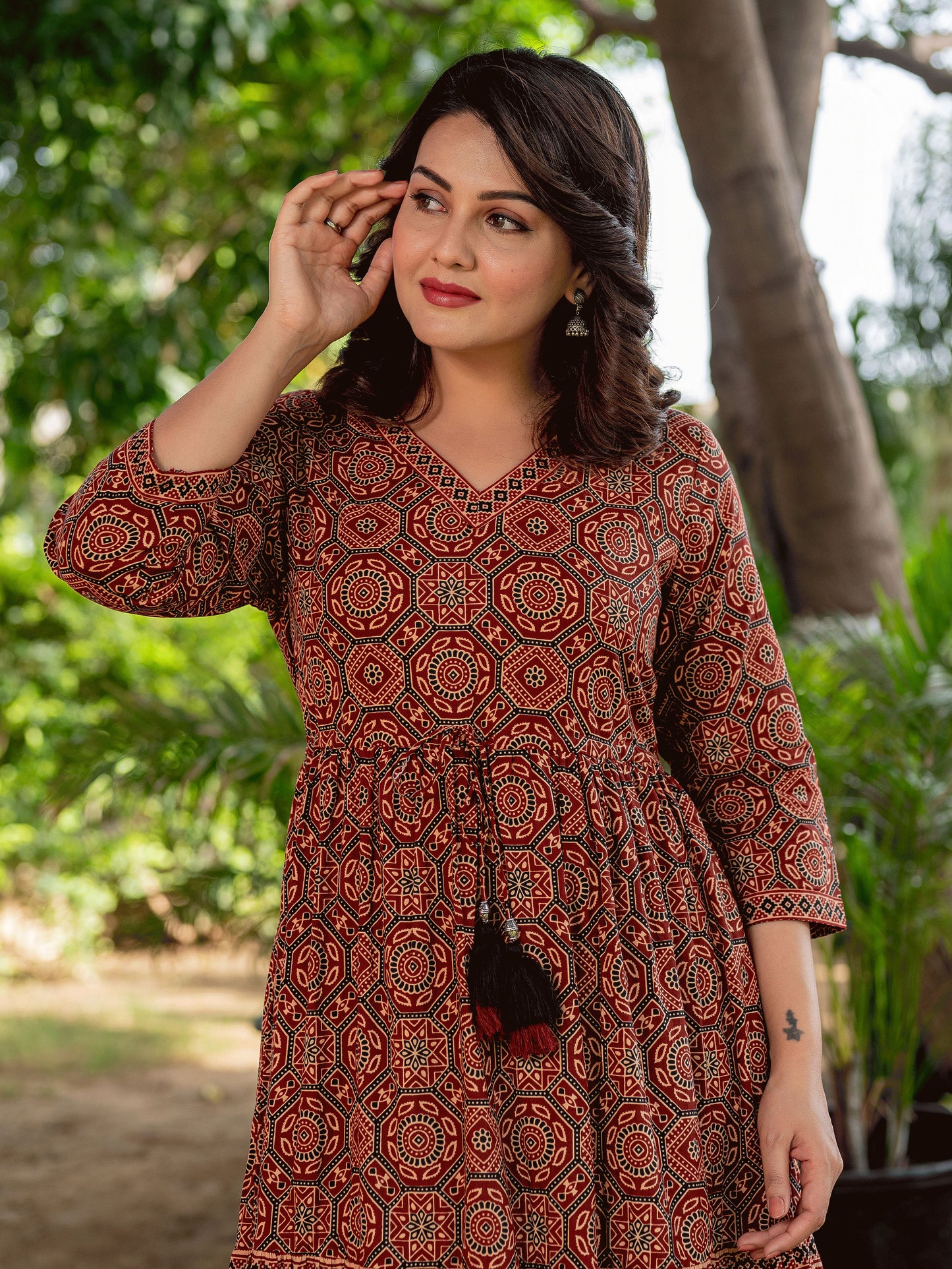Soft Cotton Ajrakh Anarkali Rust Dress