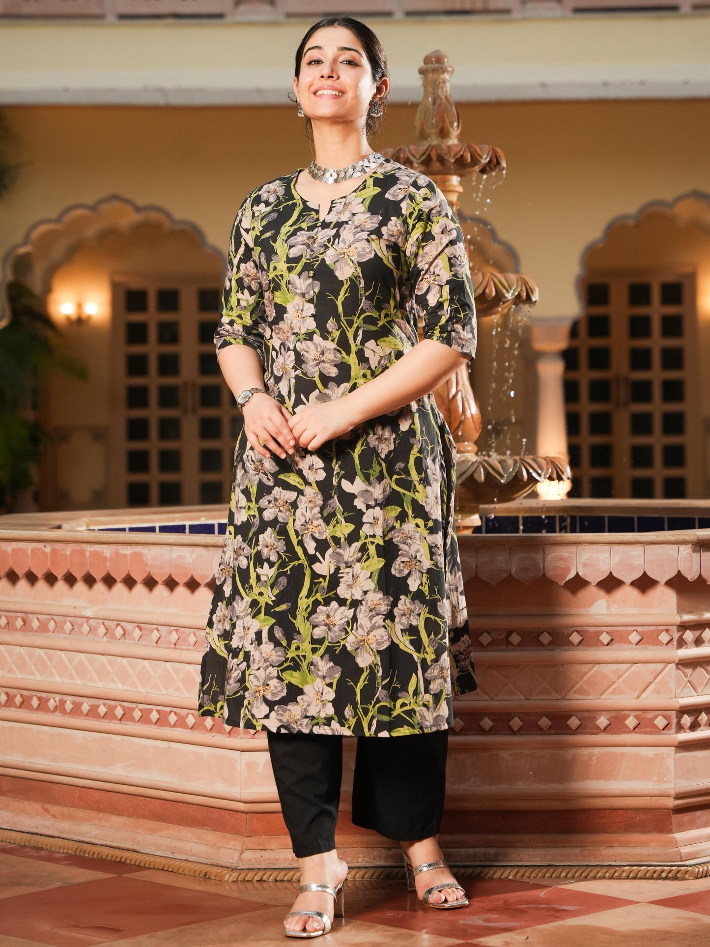 Soft Cotton Floral A-line Black Kurta