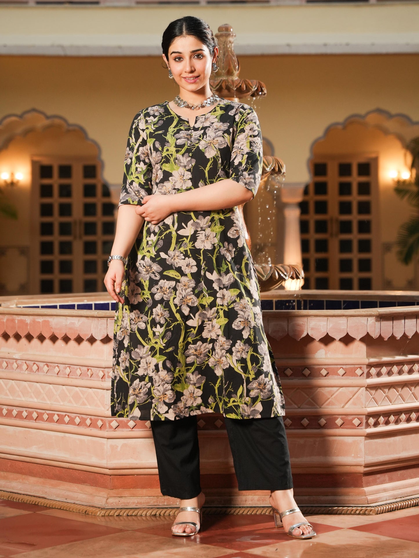 Soft Cotton Floral A-line Black Kurta