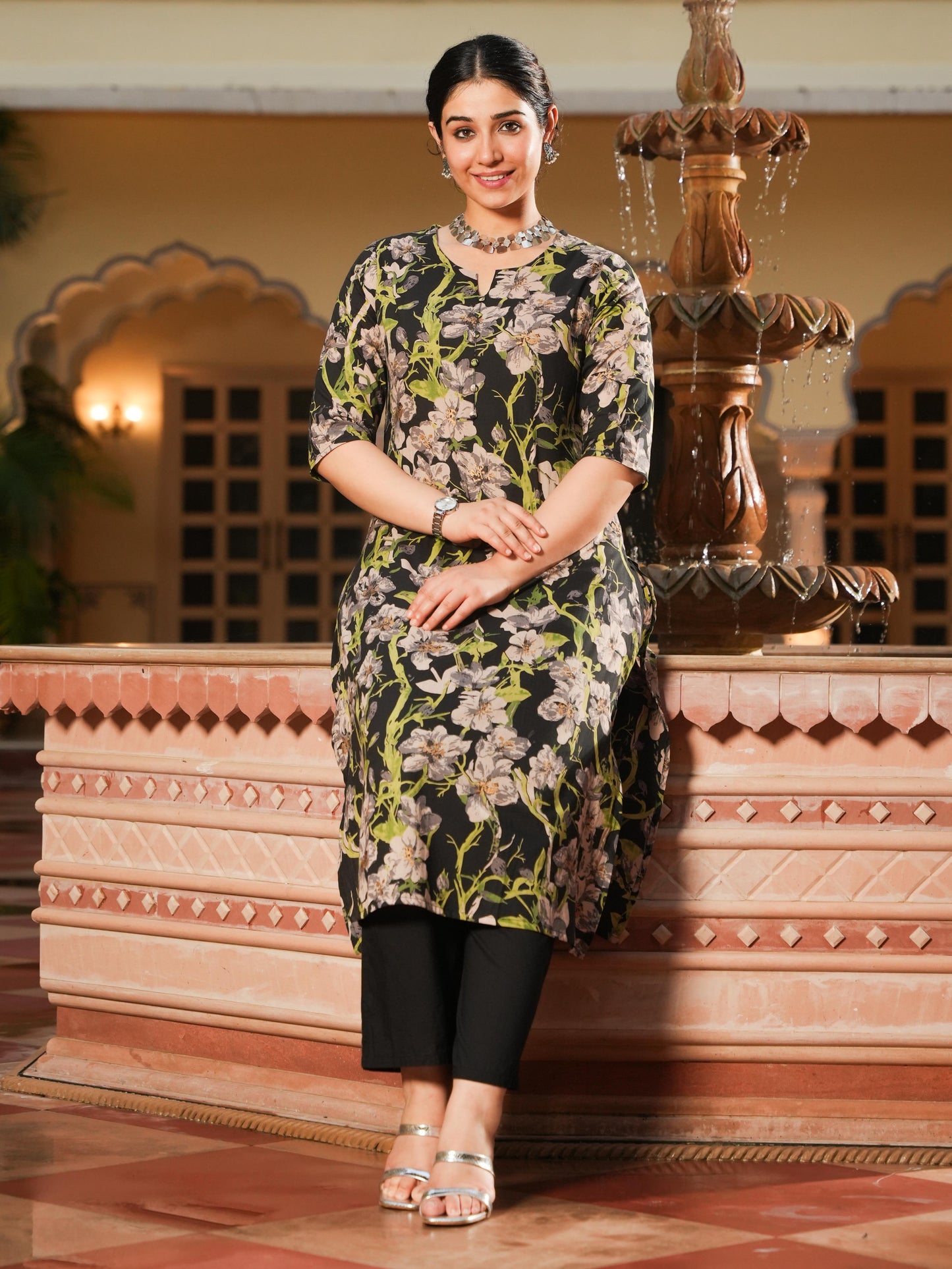 Soft Cotton Floral A-line Black Kurta