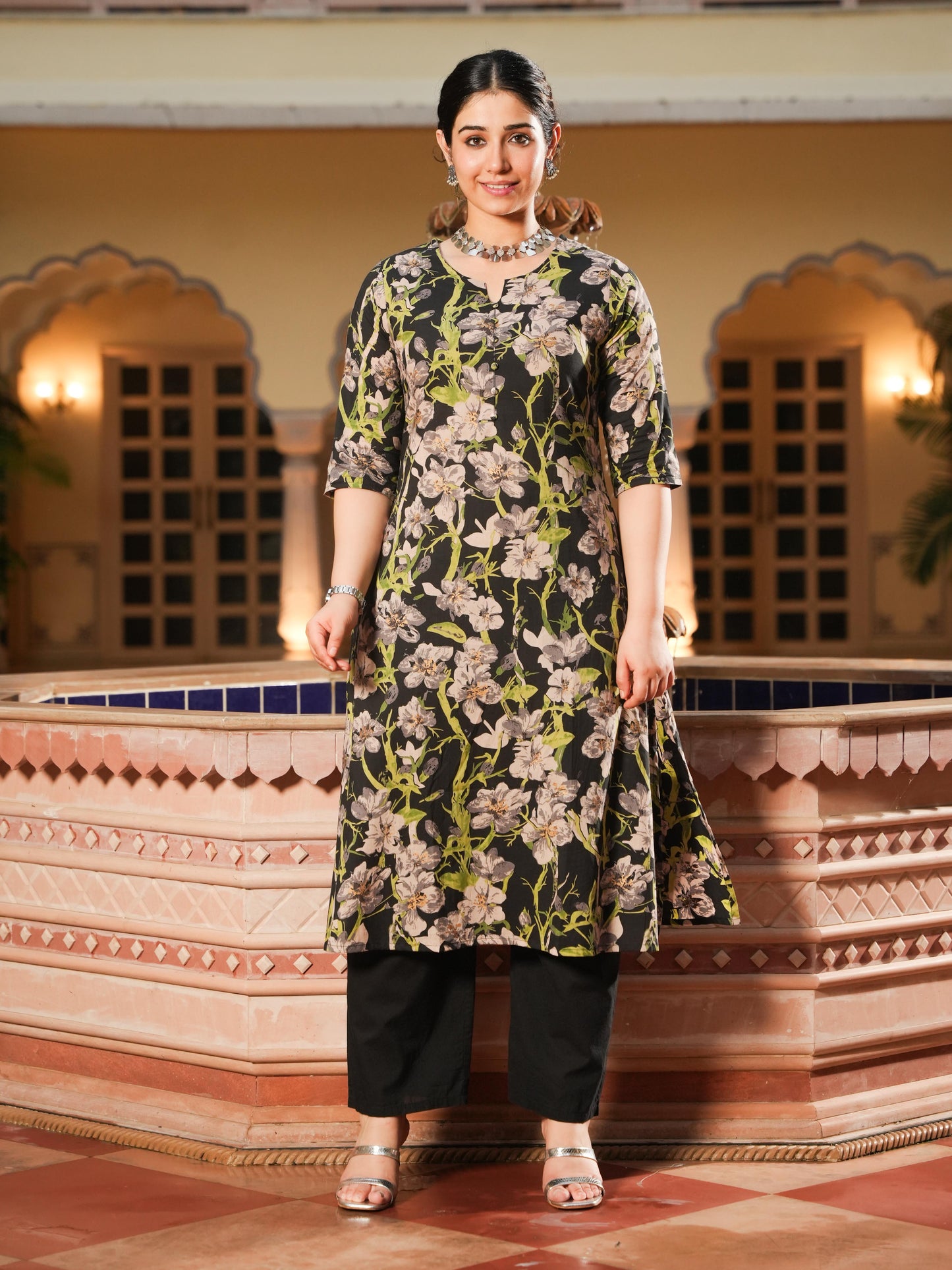 Soft Cotton Floral A-line Black Kurta