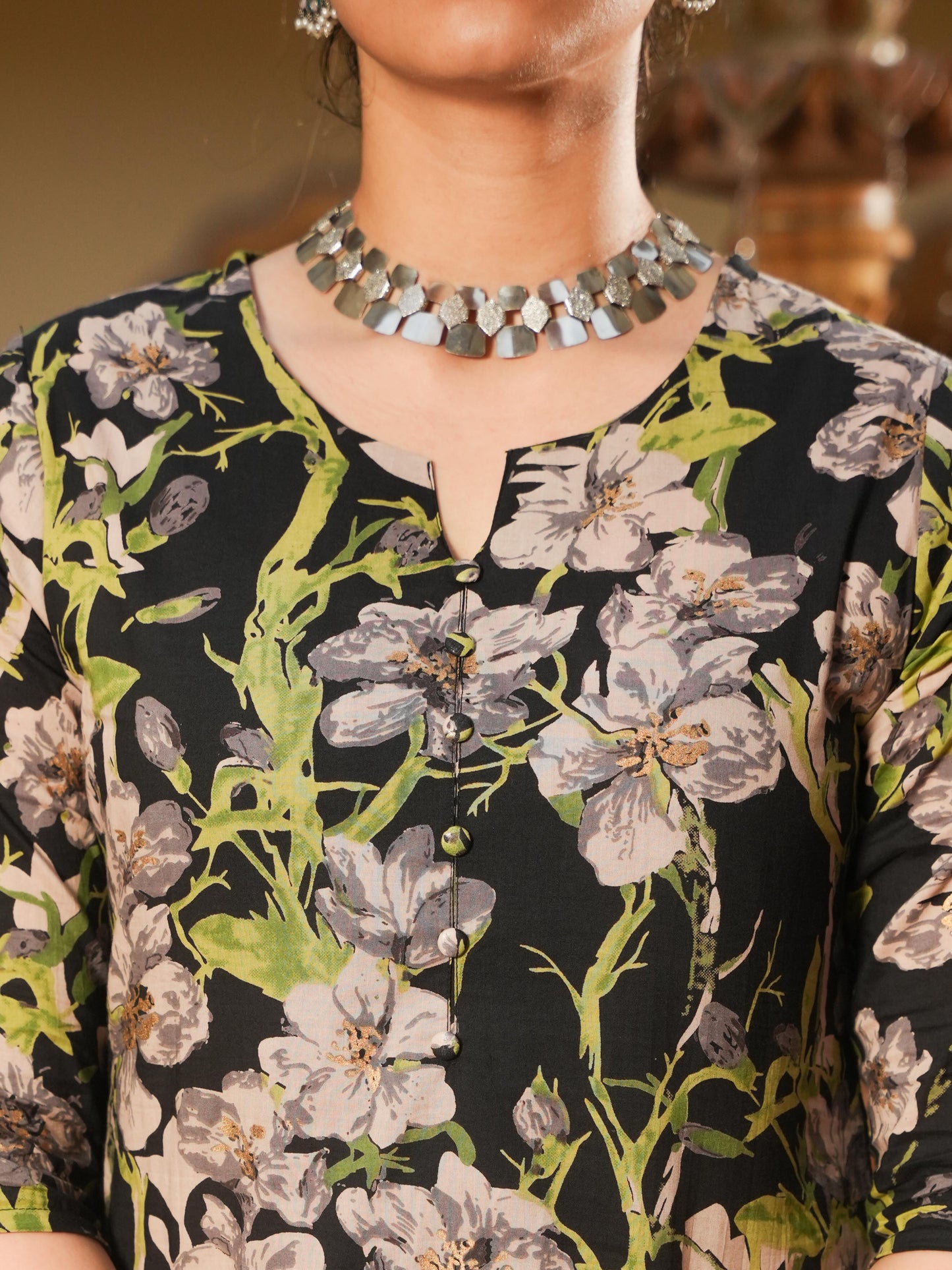 Soft Cotton Floral A-line Black Kurta