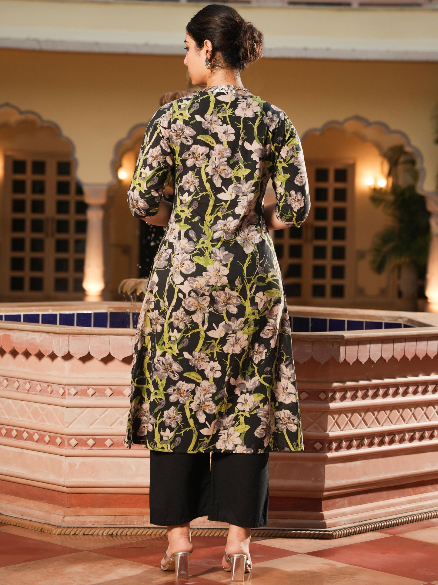 Soft Cotton Floral A-line Black Kurta