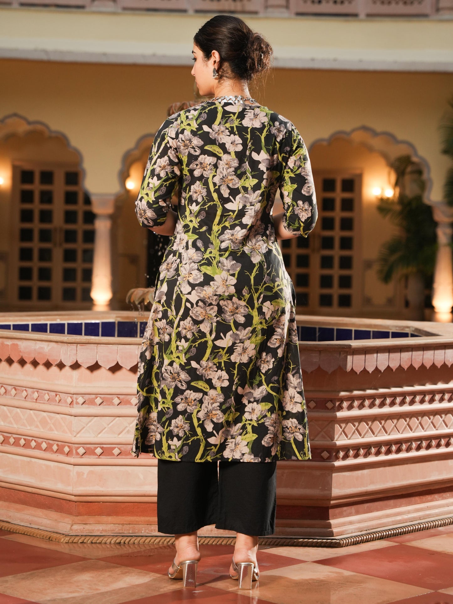 Soft Cotton Floral A-line Black Kurta