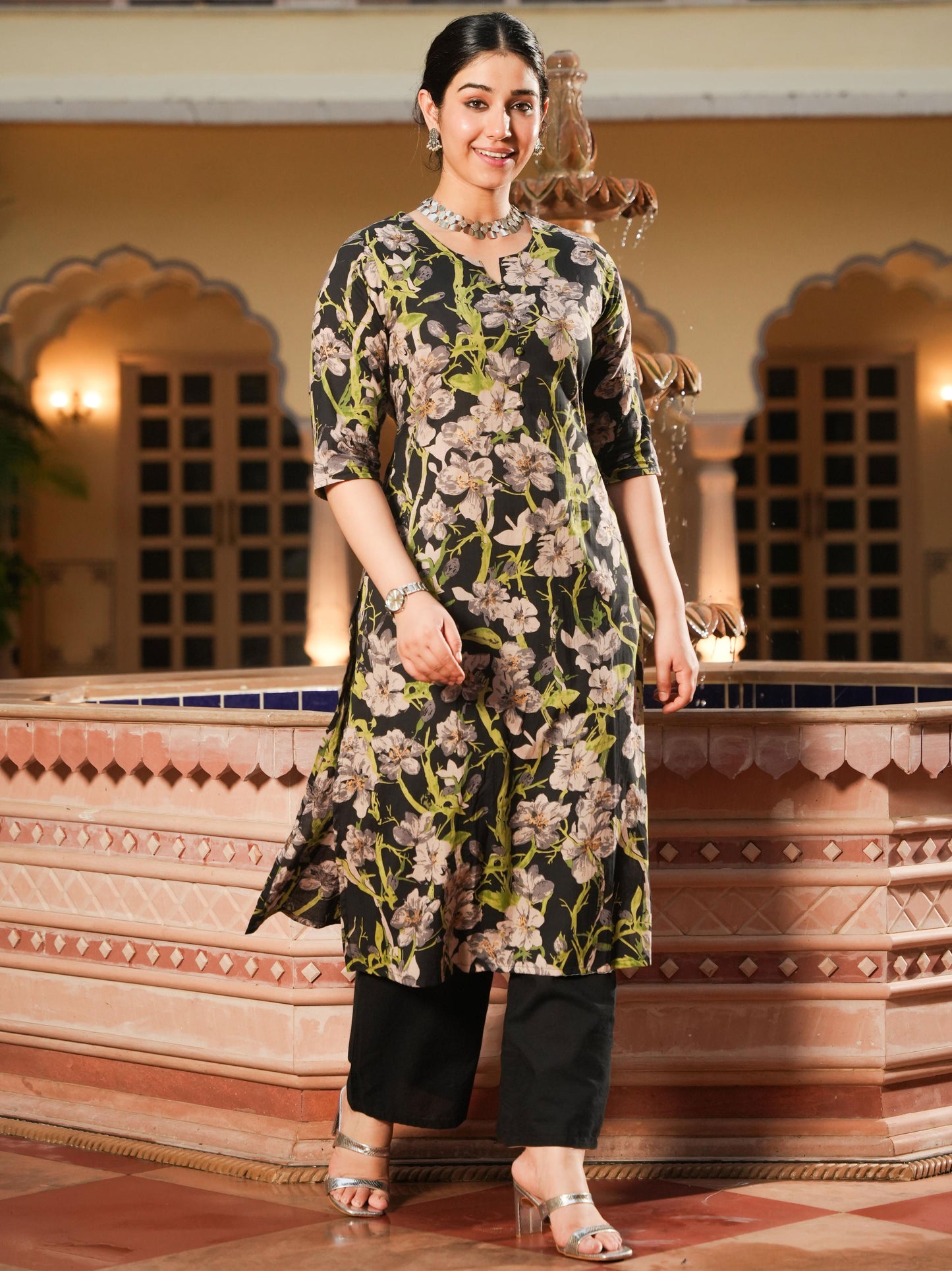 Soft Cotton Floral A-line Black Kurta