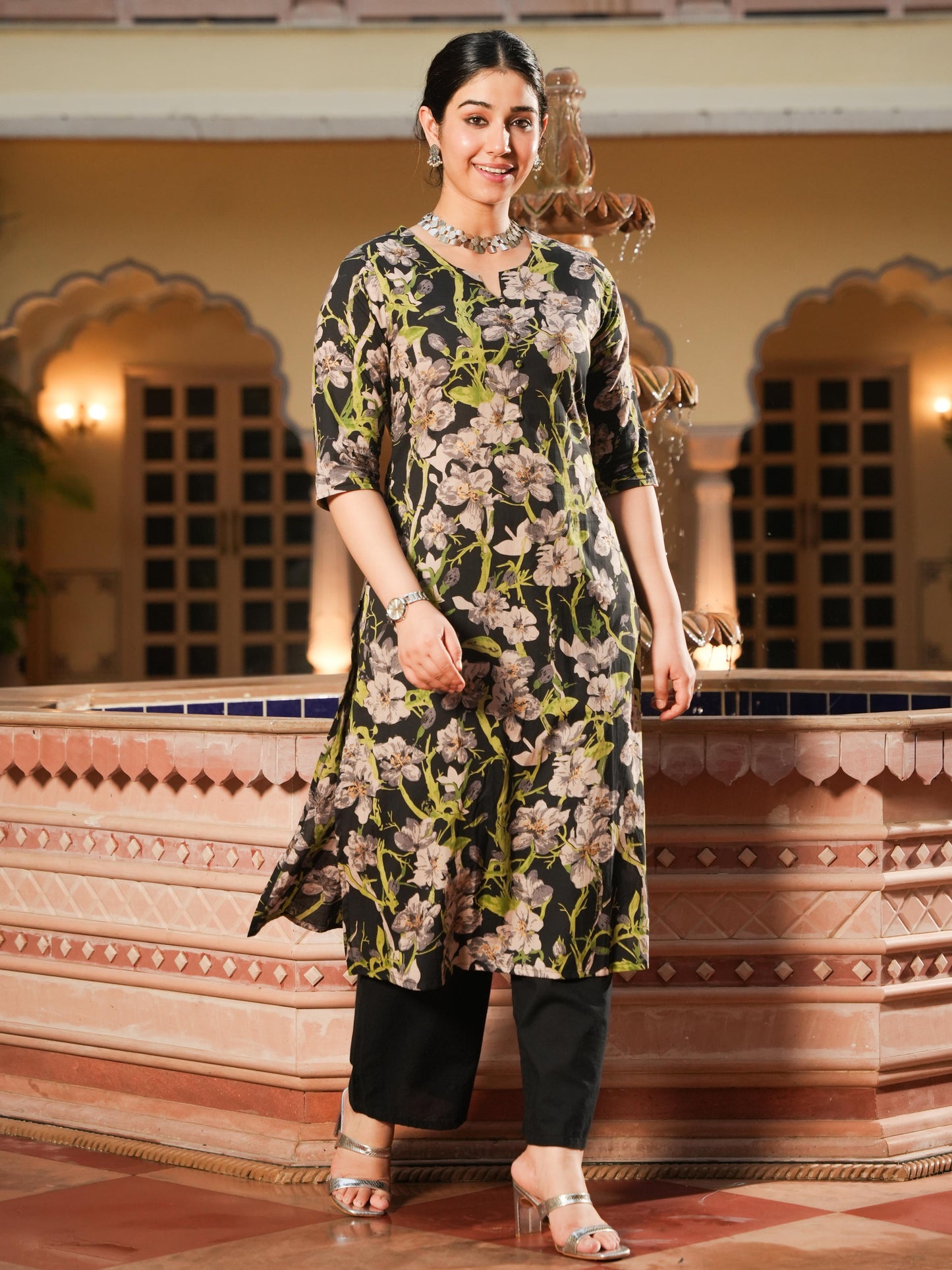 Soft Cotton Floral A-line Black Kurta