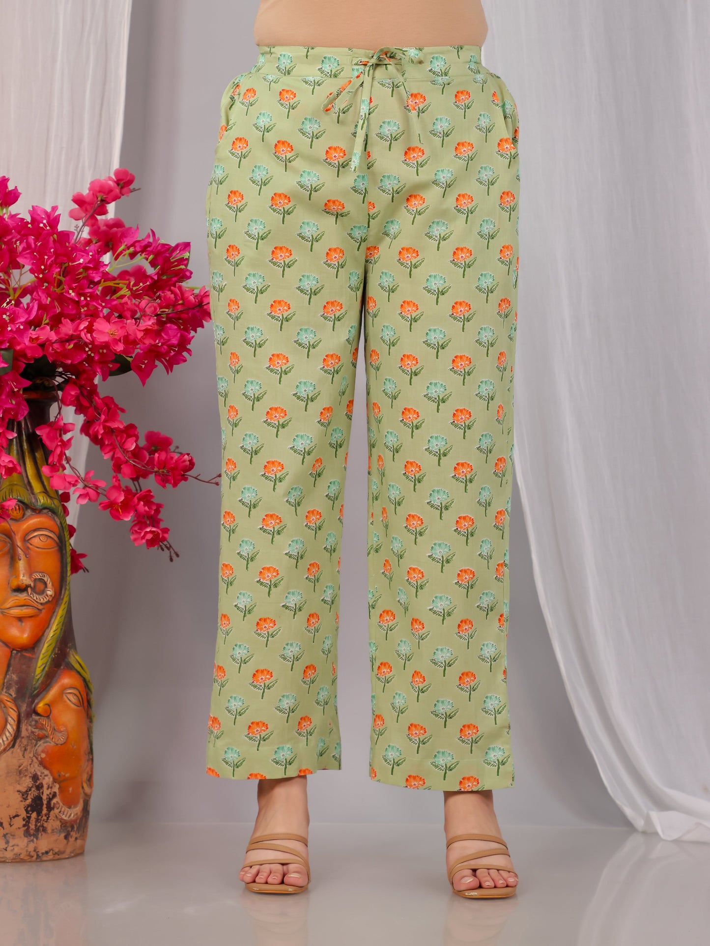 Soft Cotton Floral Green Straight Straight Trousers