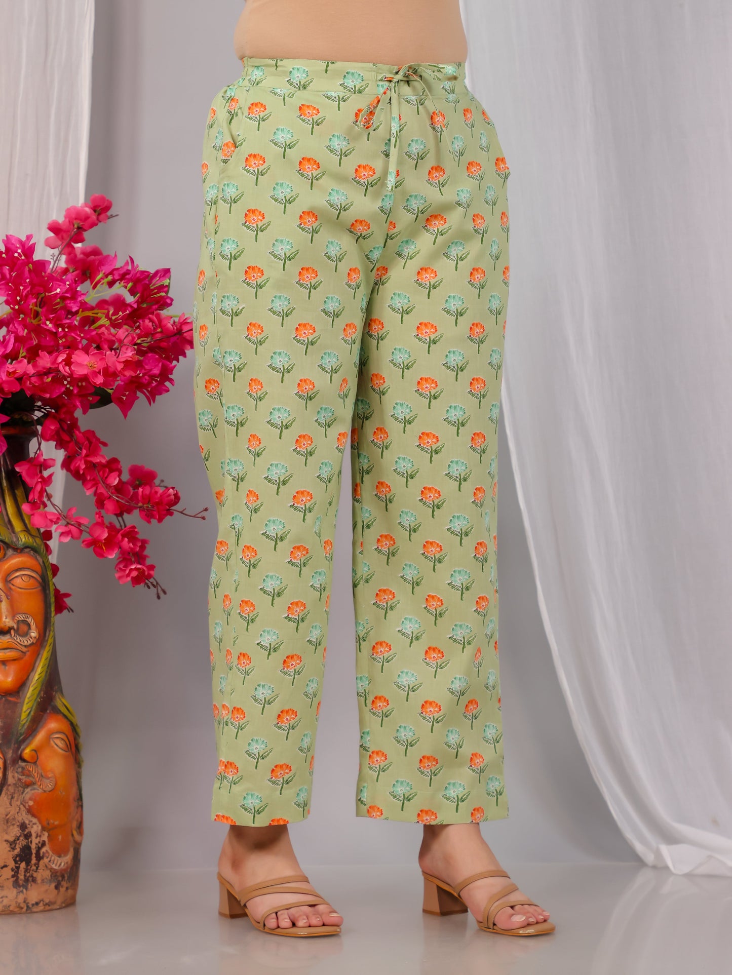 Soft Cotton Floral Green Straight Straight Trousers