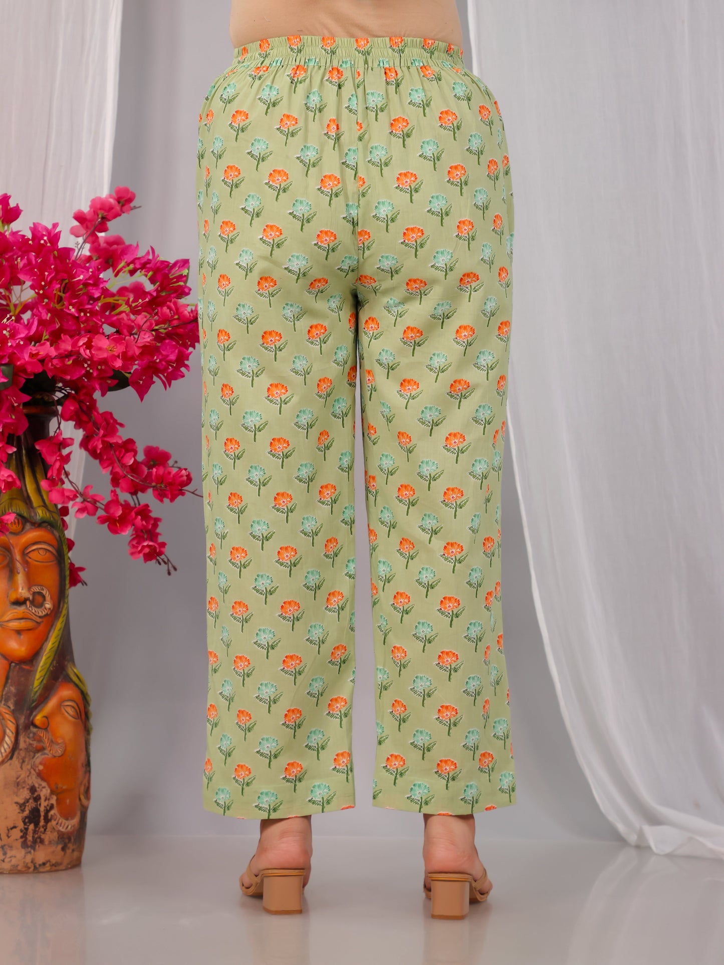 Soft Cotton Floral Green Straight Straight Trousers