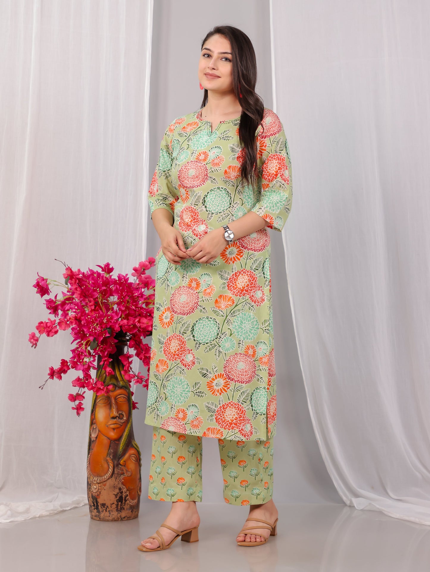 Embroidered Soft Cotton Floral Straight Green Kurta