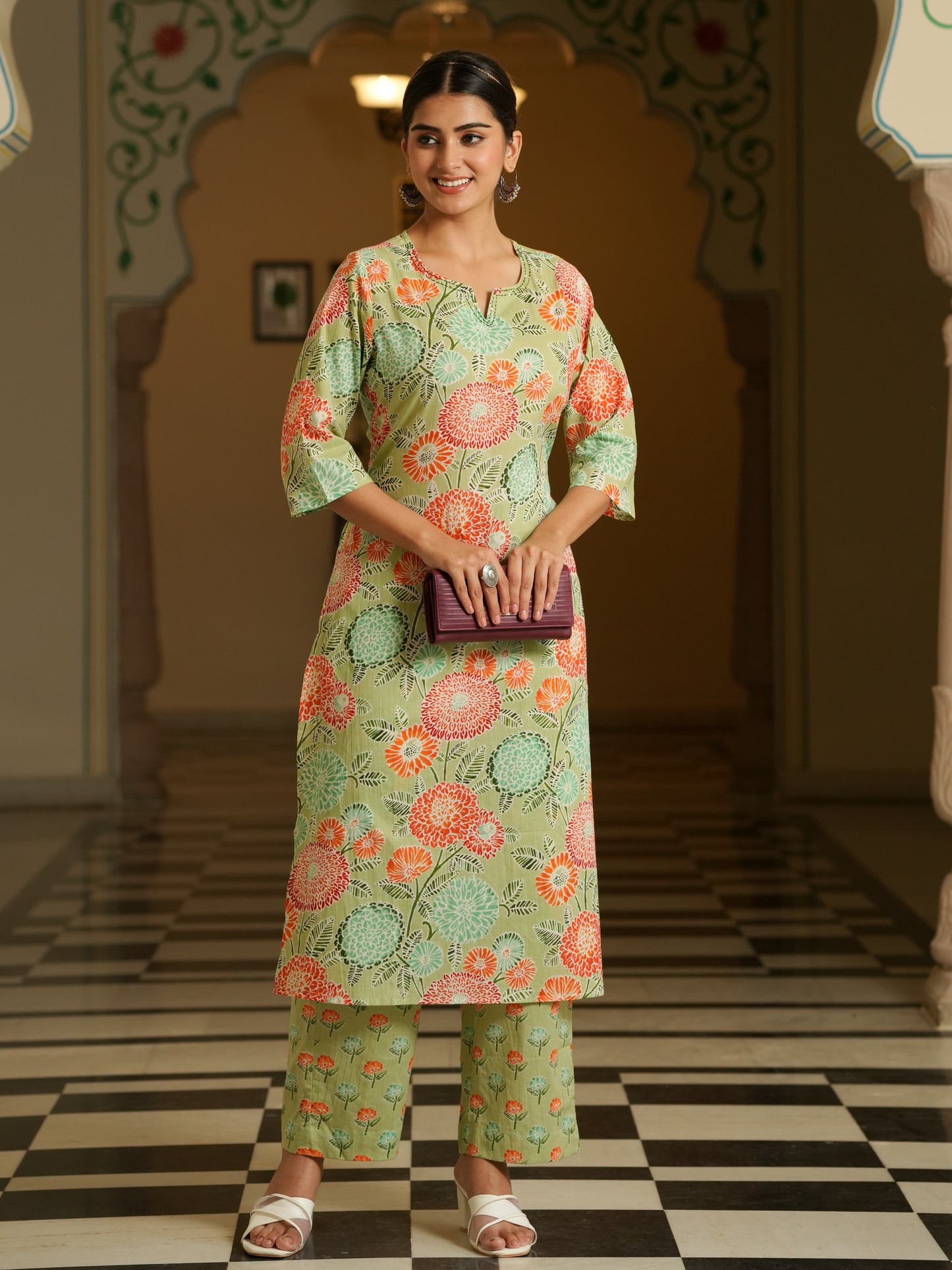 Embroidered Soft Cotton Floral Straight Green Kurta
