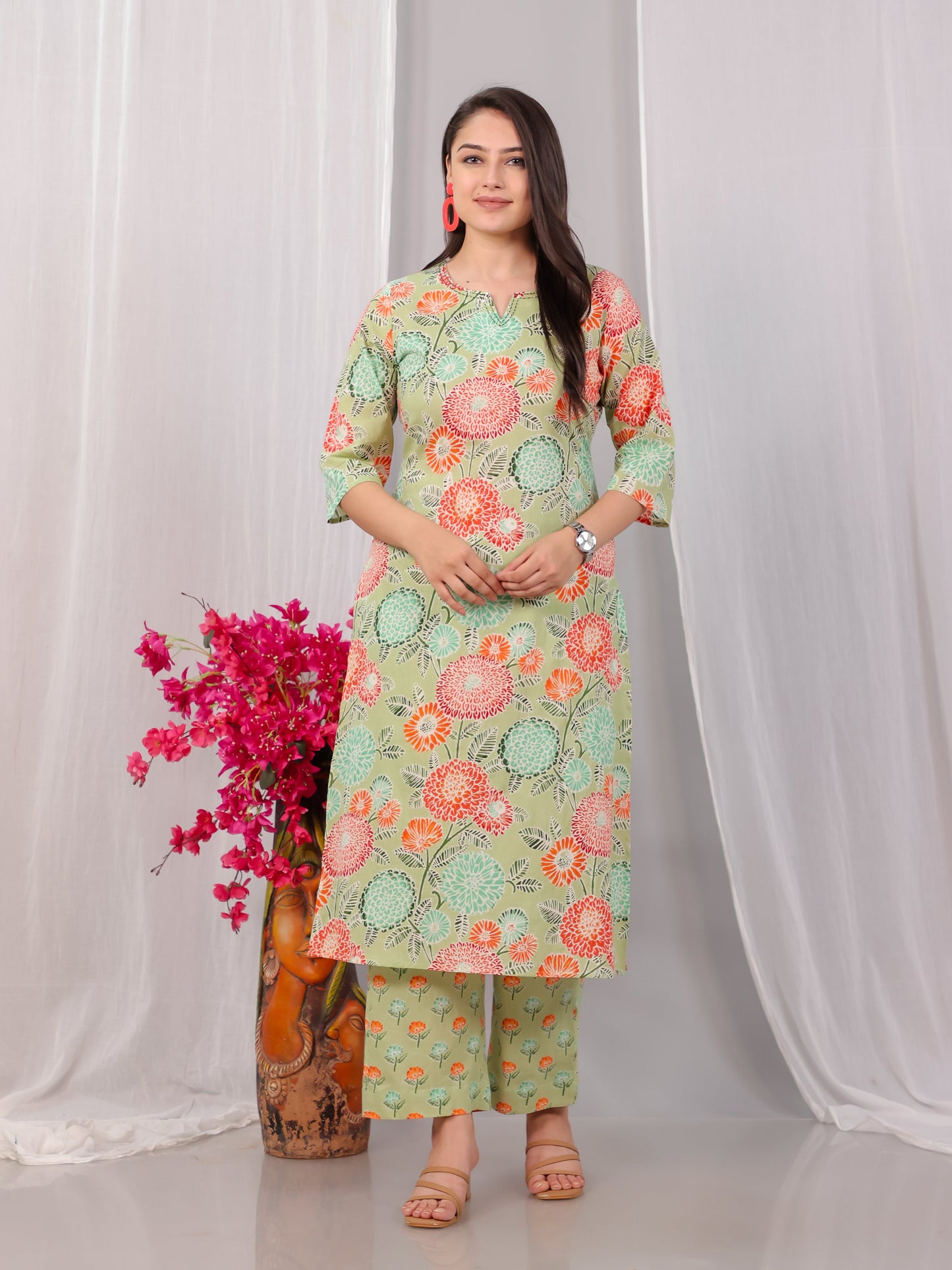 Embroidered Soft Cotton Floral Straight Green Kurta